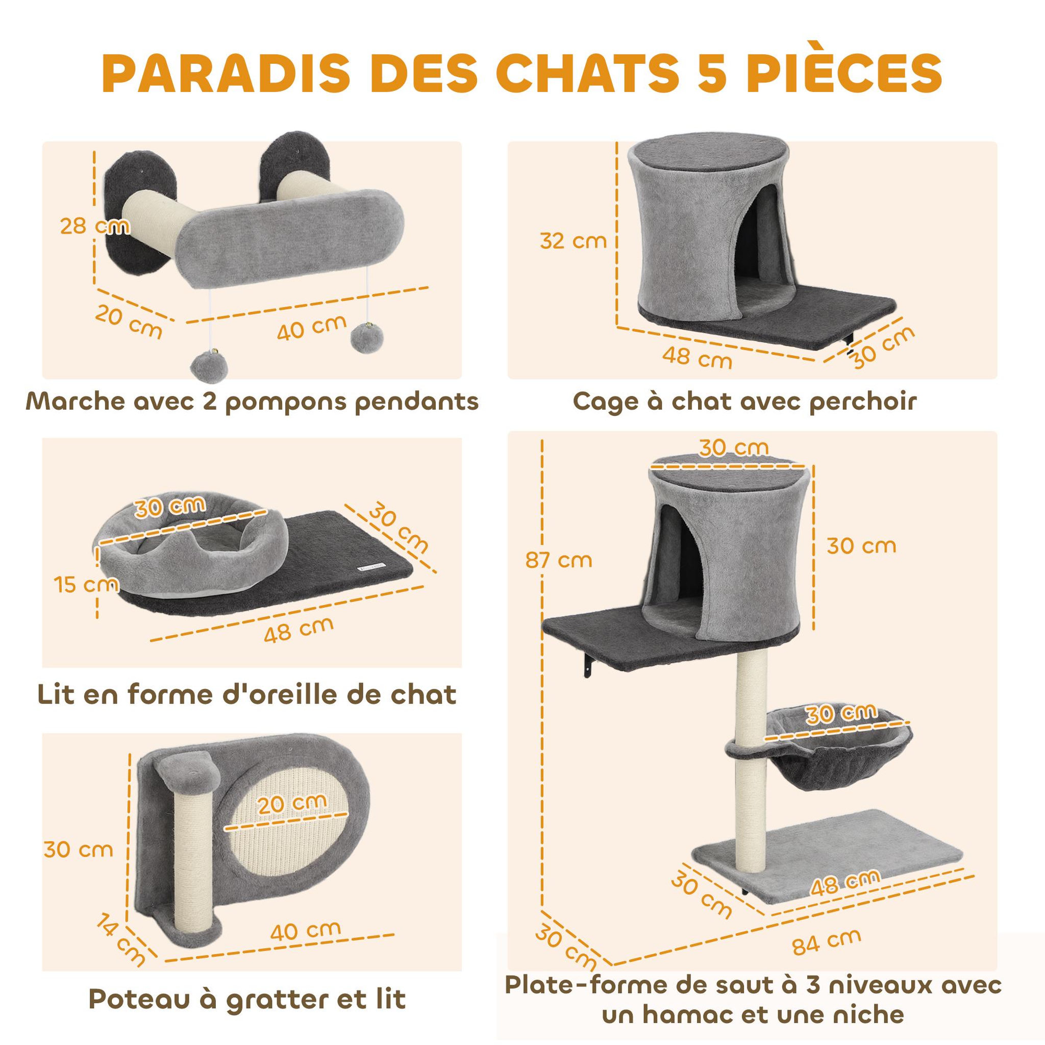 Voir la diapositive 3 : PAWHUT Arbre à chat design mural - parcours mural en bois pour chat 5 pièces variées - crème gris