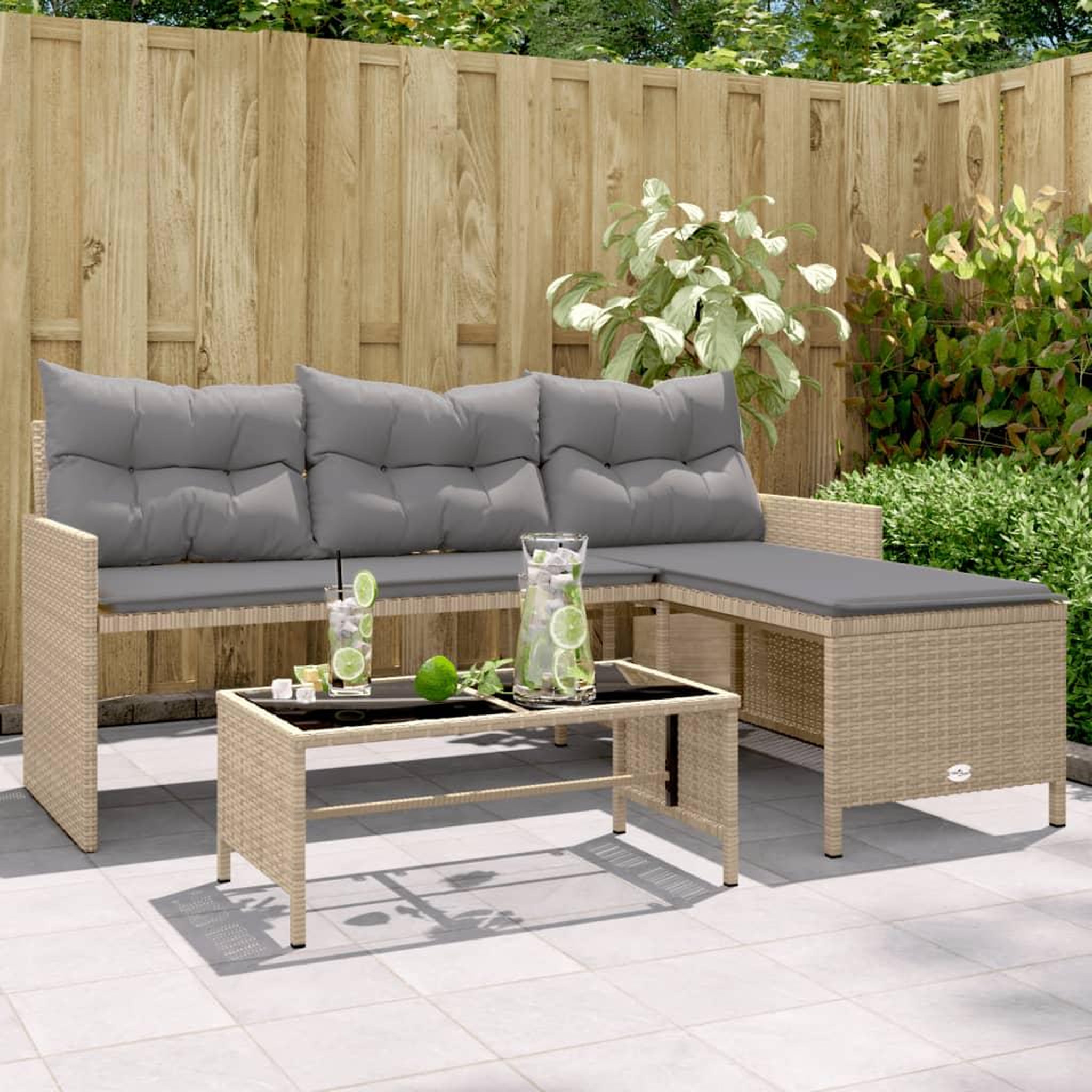 VIDAXL Canape de jardin table et coussins en forme de L melange beige