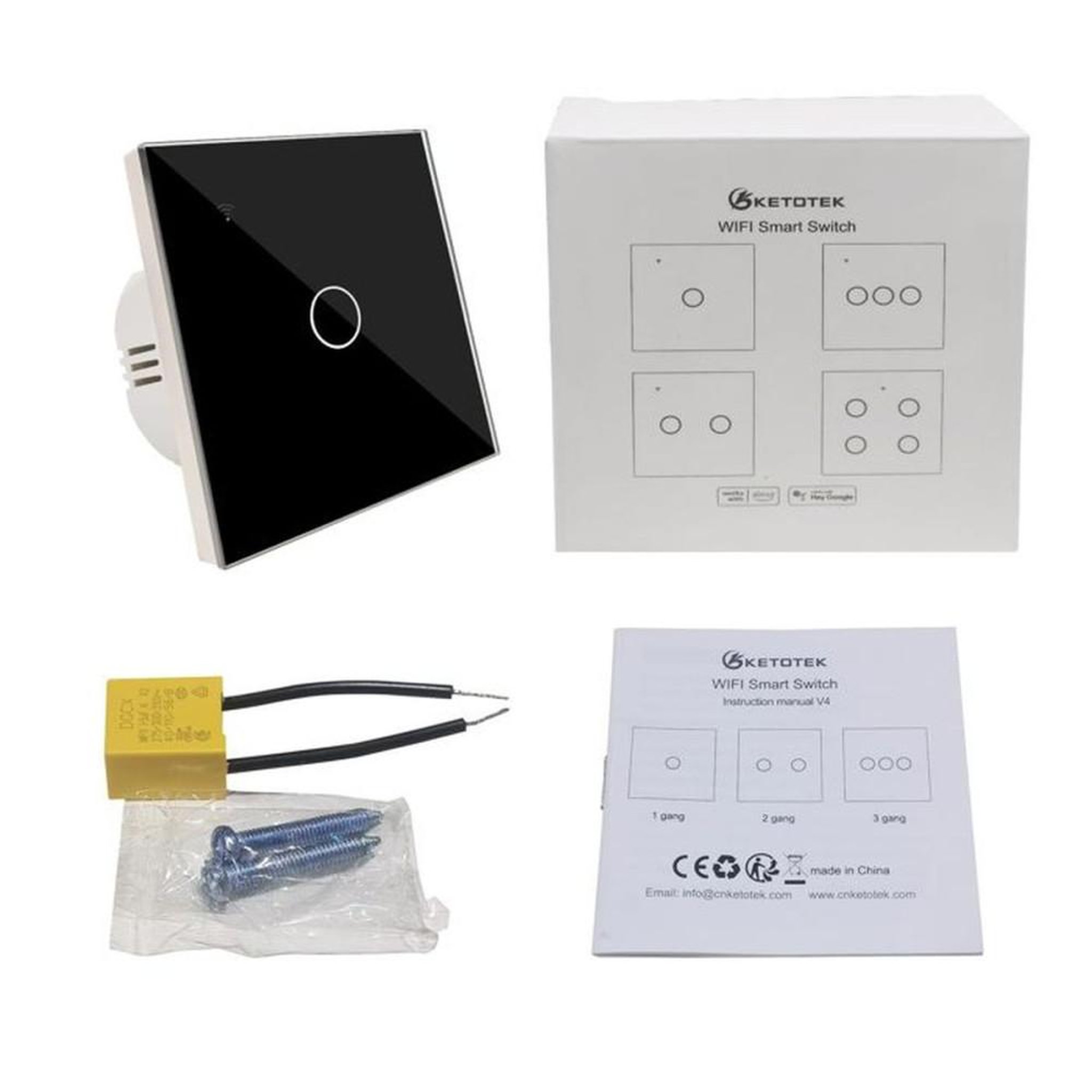 Voir la diapositive 6 : Interrupteur WiFi tactile encastré 1 gang 1 voie noir 2,4 GHz, Tuya/Smart Life, commande vocale Alexa/Google, 5–300 W