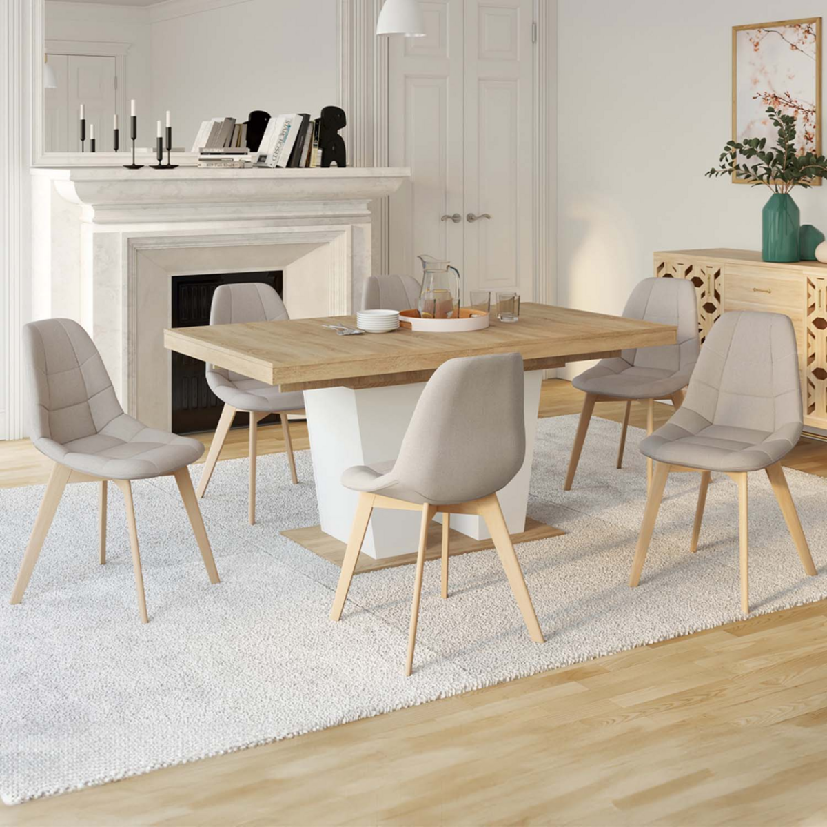 ID MARKET Lot de 6 chaises scandinaves GABY beige en tissu pour salle à manger