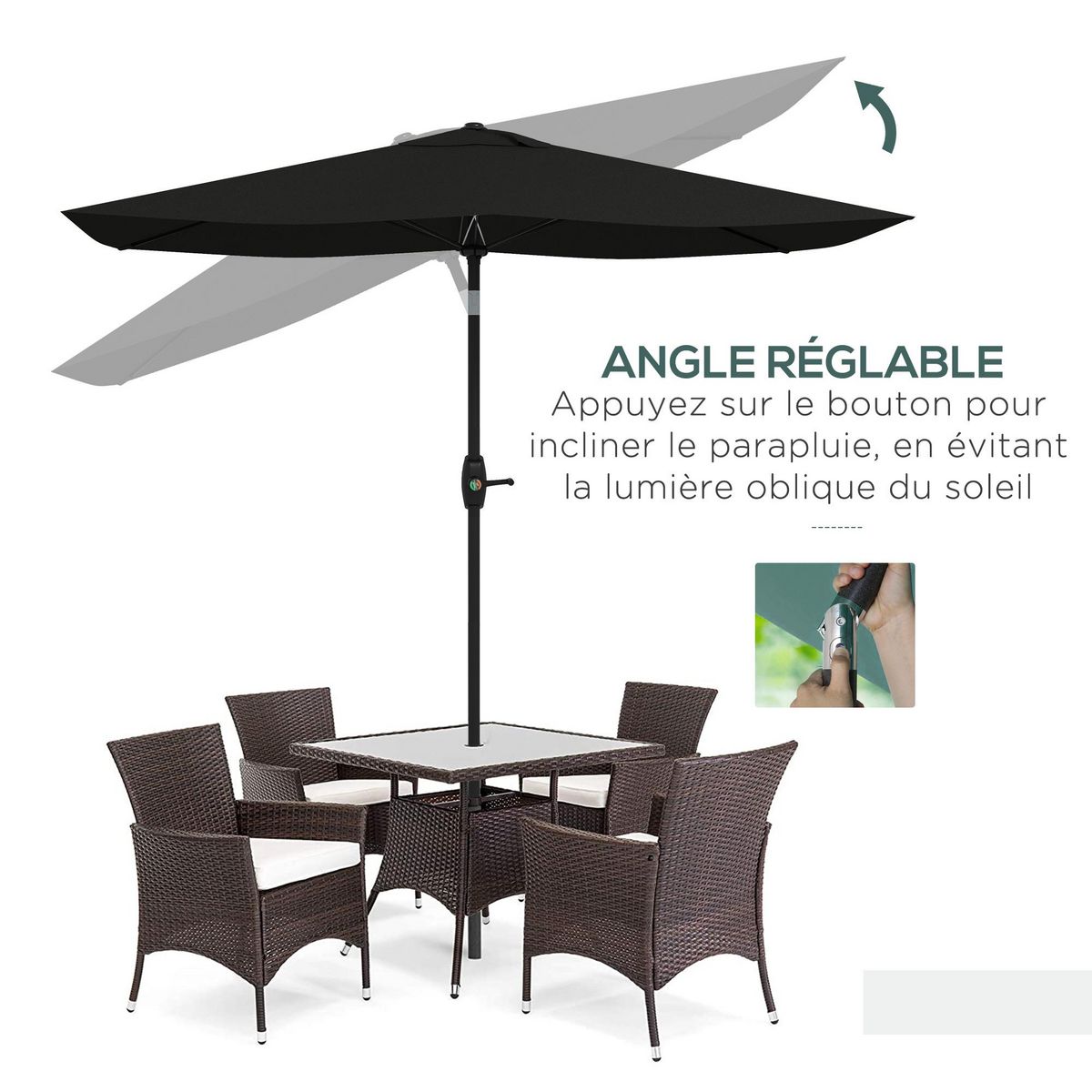 OUTSUNNY Parasol rectangulaire inclinable de jardin avec manivelle métal polyester haute densité anti UV 50+ noir