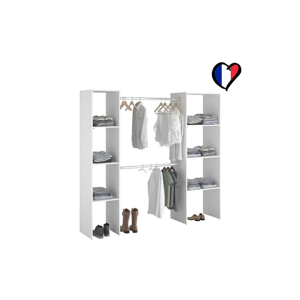 CONCEPT USINE Dressing blanc 6 étagères, 2 penderies 198 x 40 x 180 cm ELYSEE