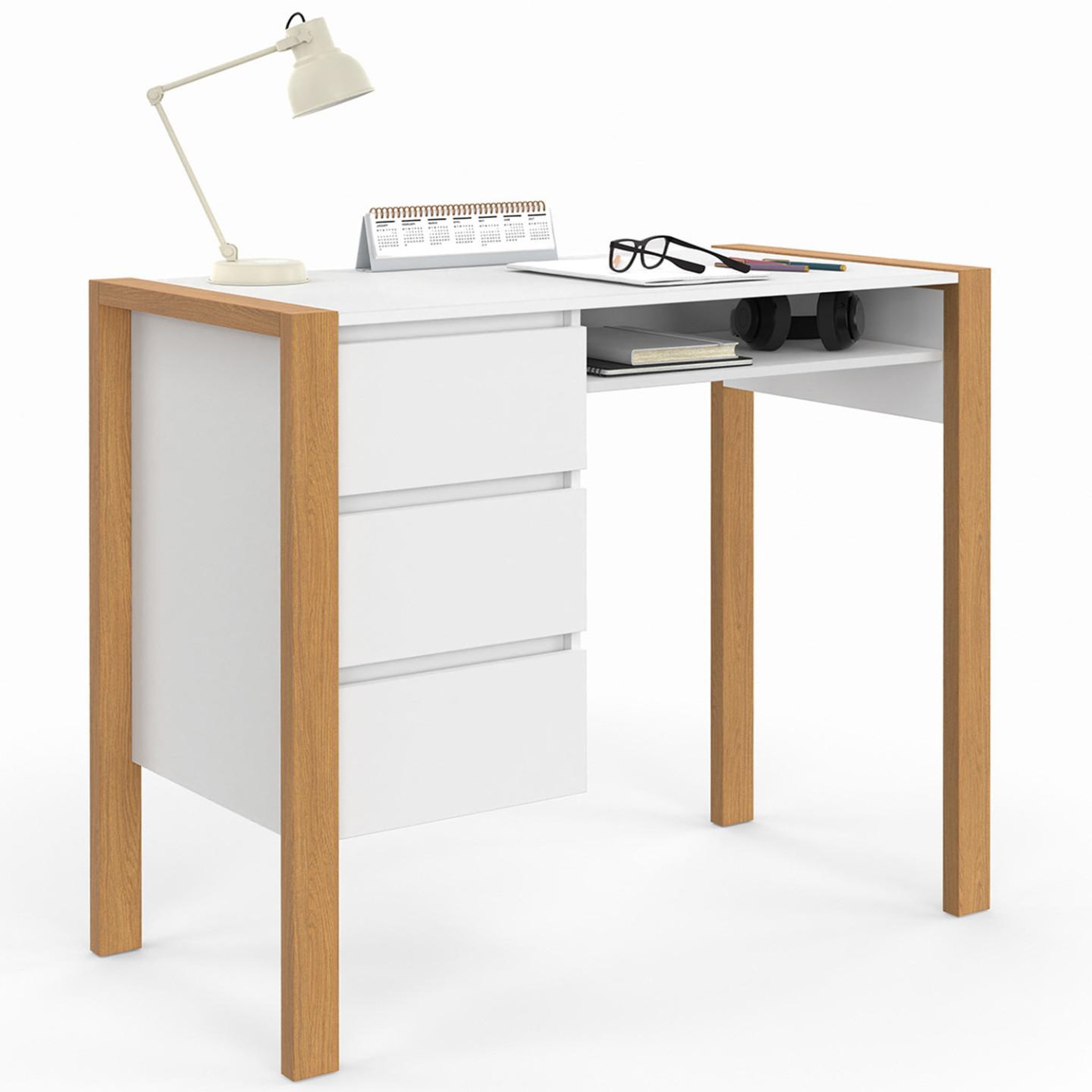 ID MARKET Bureau scandinave hugo avec 3 tiroirs et niche blanc et bois