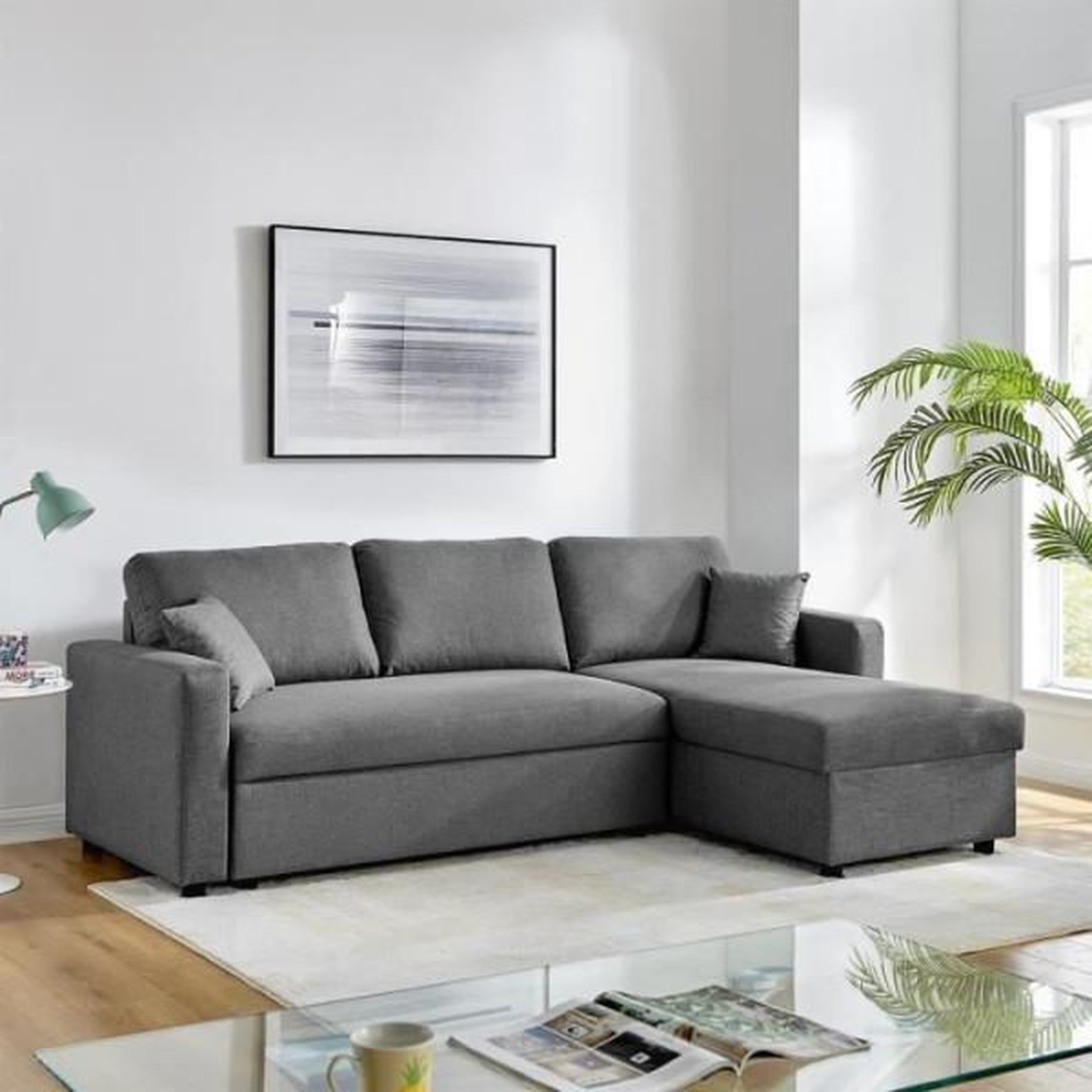 Voir la diapositive 2 : MARKET24 Canapé d'angle fixe + 2 coussins - Tissu Gris - L 228 x P 148 x H 86 cm - OWENS