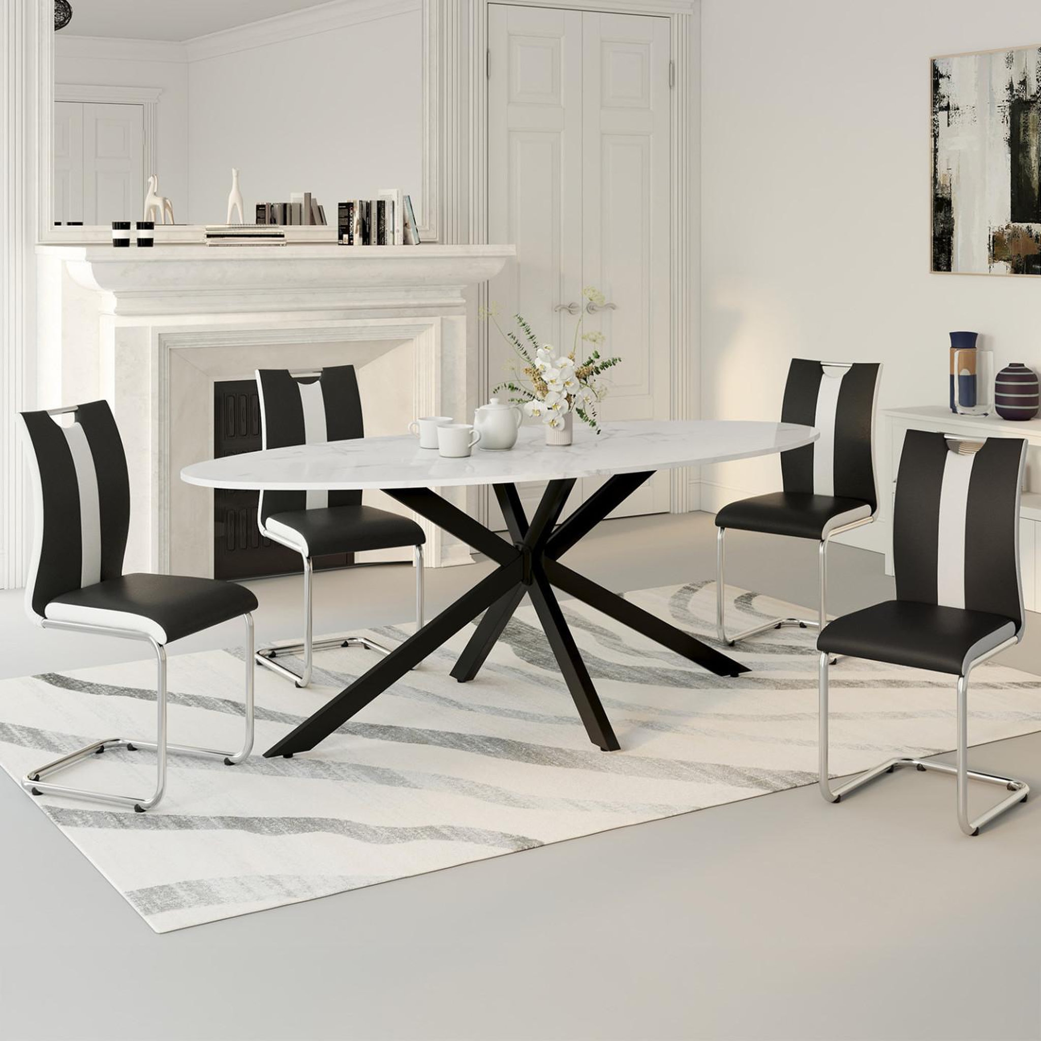 Voir la diapositive 2 : ID MARKET Lot de 4 chaises pia noires et blanches pour salle à manger