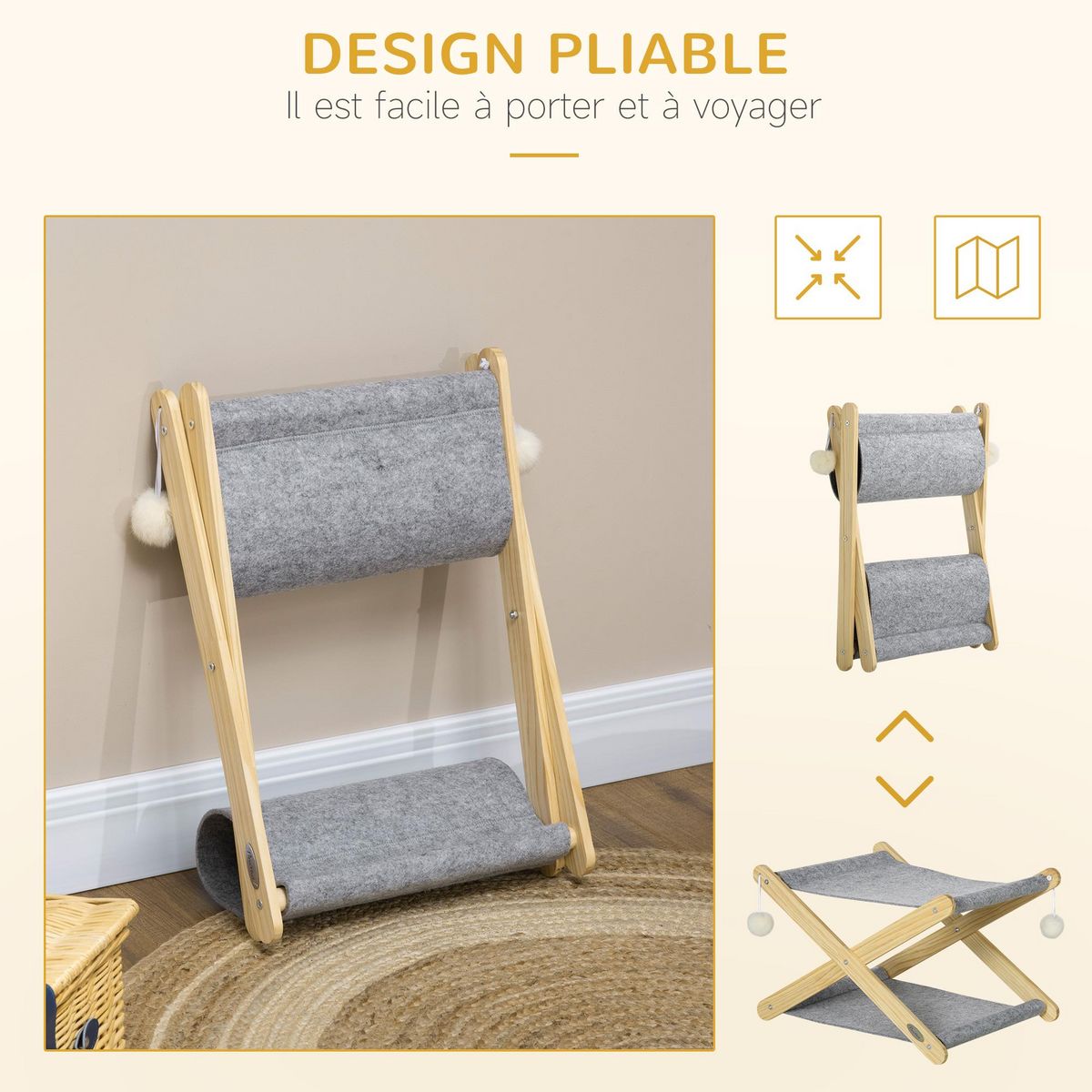 PAWHUT Lit pliable pour chat - hamac chat 2 niveaux - jeu 2 boules suspendues - bois de pin feutre gris