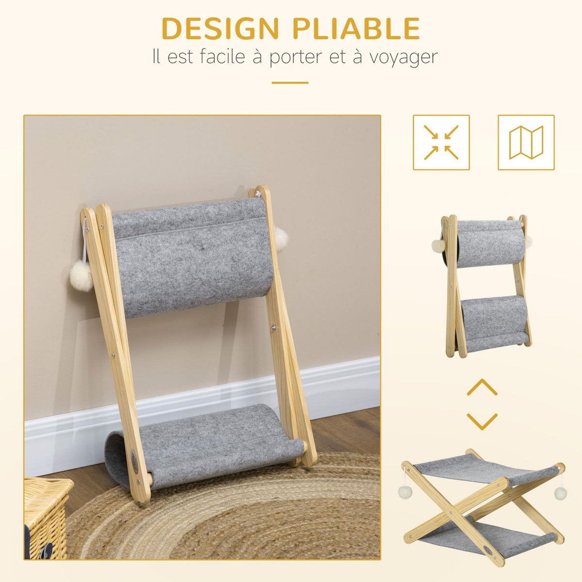 PAWHUT Lit pliable pour chat - hamac chat 2 niveaux - jeu 2 boules suspendues - bois de pin feutre gris