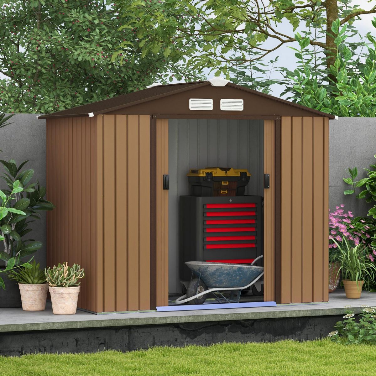 OUTSUNNY Abri de jardin - remise pour outils - cabanon porte verrouillable - dim. 213L x 130l x 185H cm - tôle d'acier café chocolat