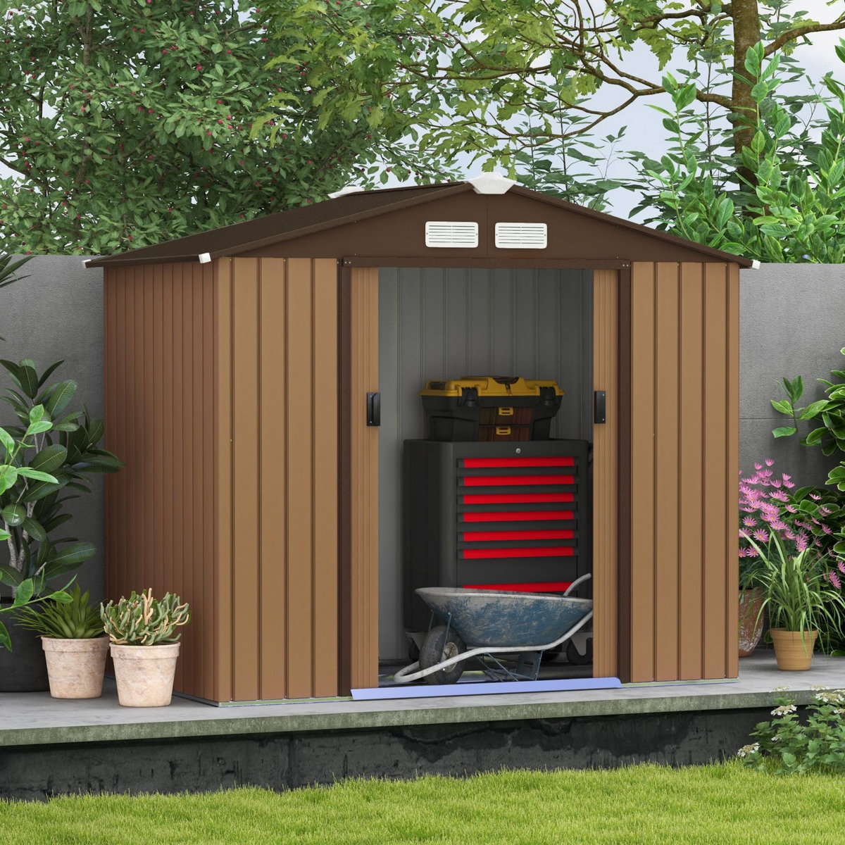 OUTSUNNY Abri de jardin - remise pour outils - cabanon porte verrouillable - dim. 213L x 130l x 185H cm - tôle d'acier café chocolat