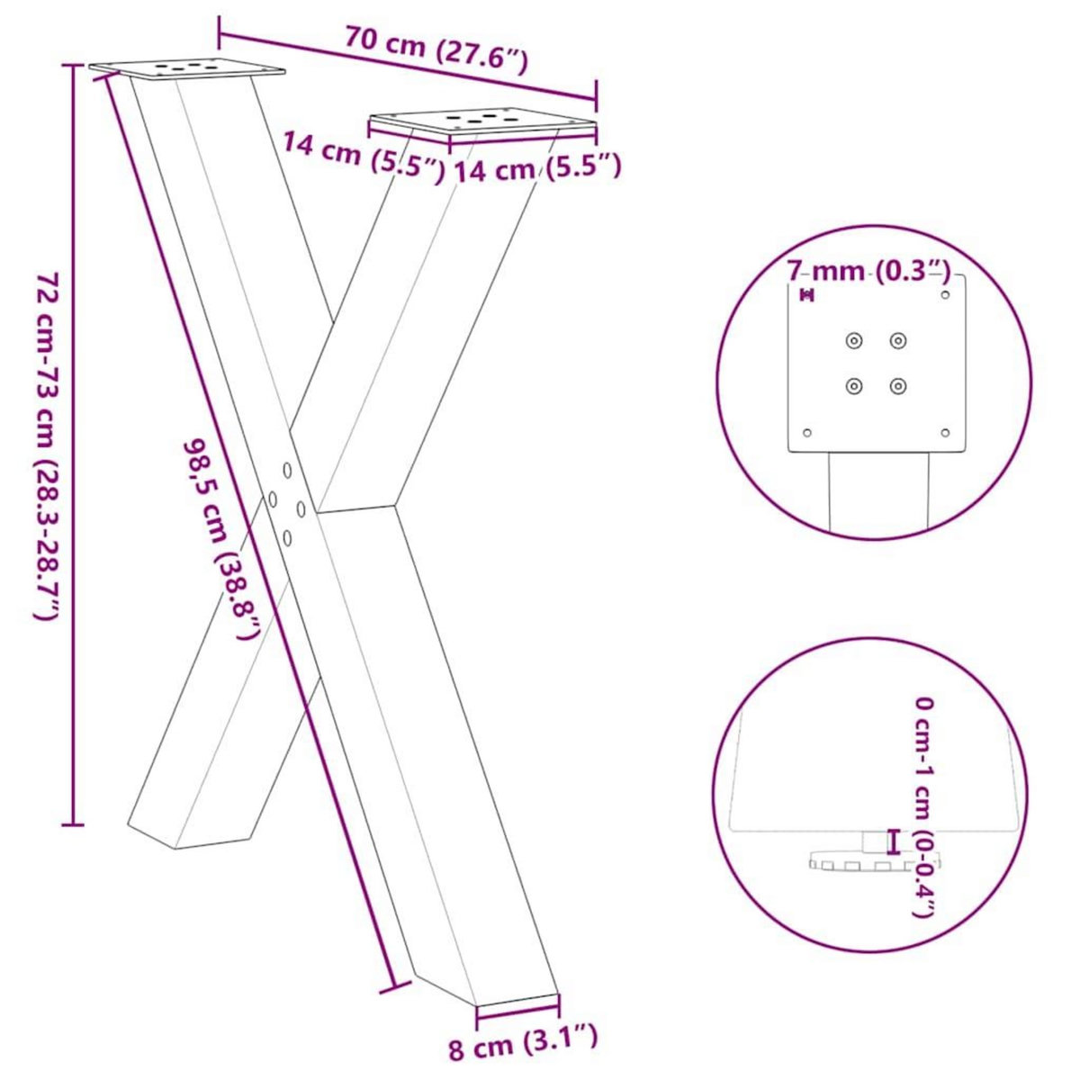 VIDAXL Pieds de table a manger forme de X 3 pcs 70x(72-73) cm acier