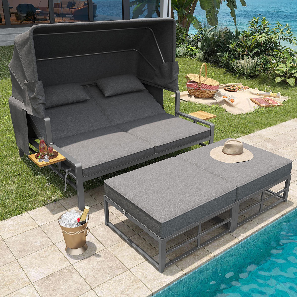 MERAX Bain de soleil 2 places en Métal avec auvent pliable, table incluse, coussins, gris