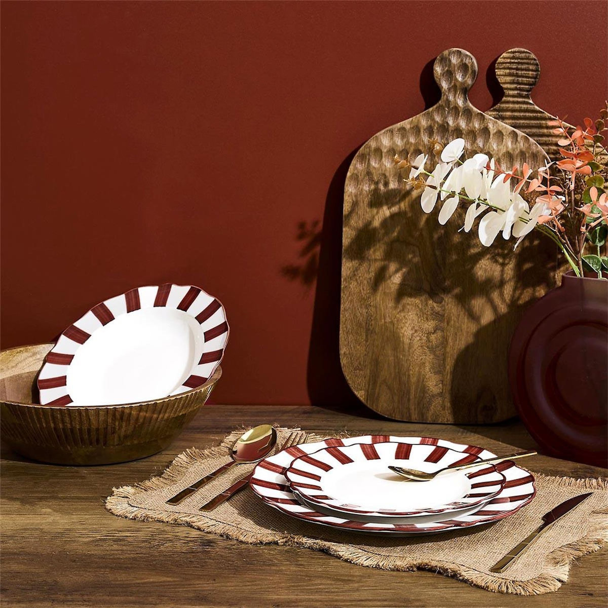 Paris Prix Lot de 6 Assiettes Plates  Cleo  27cm Bordeaux & Blanc