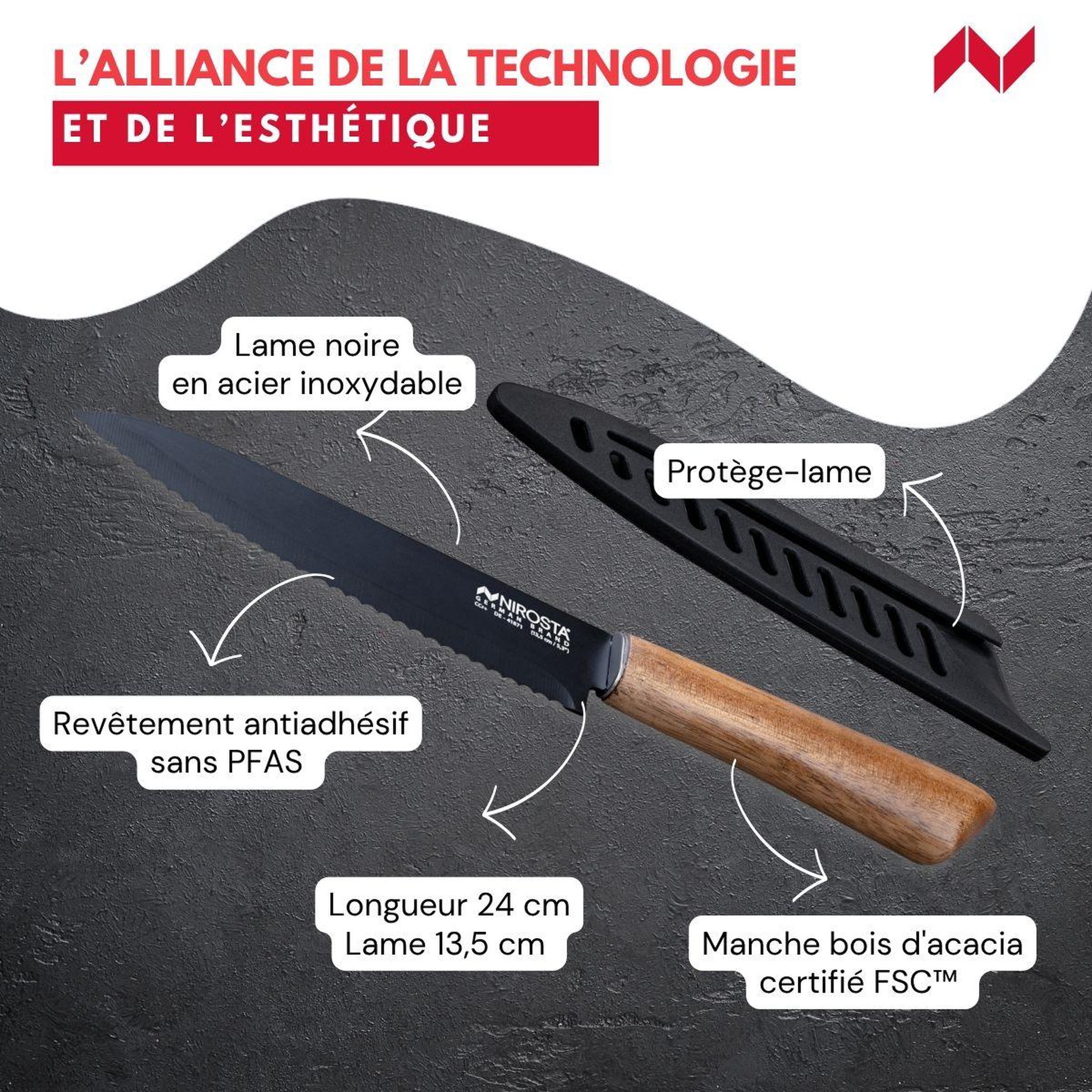 Voir la diapositive 3 : NIROSTA Couteau de cuisine lame crantée 24 cm nirosta flow
