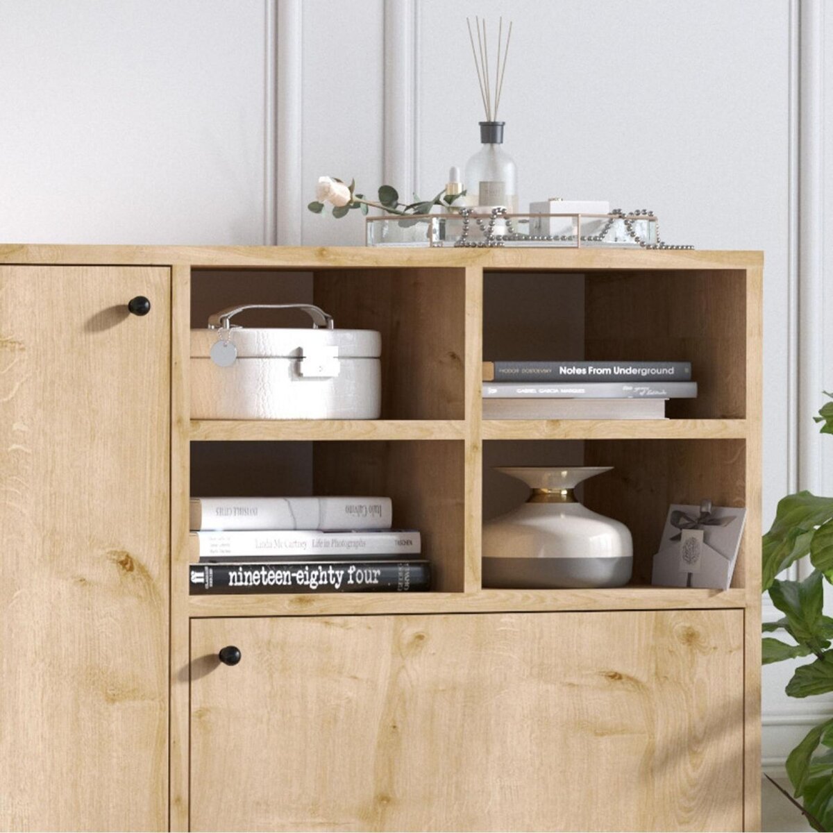 CONCEPT USINE Buffet haut 3 portes et 4 niches couleur chêne 100x125cm EWA