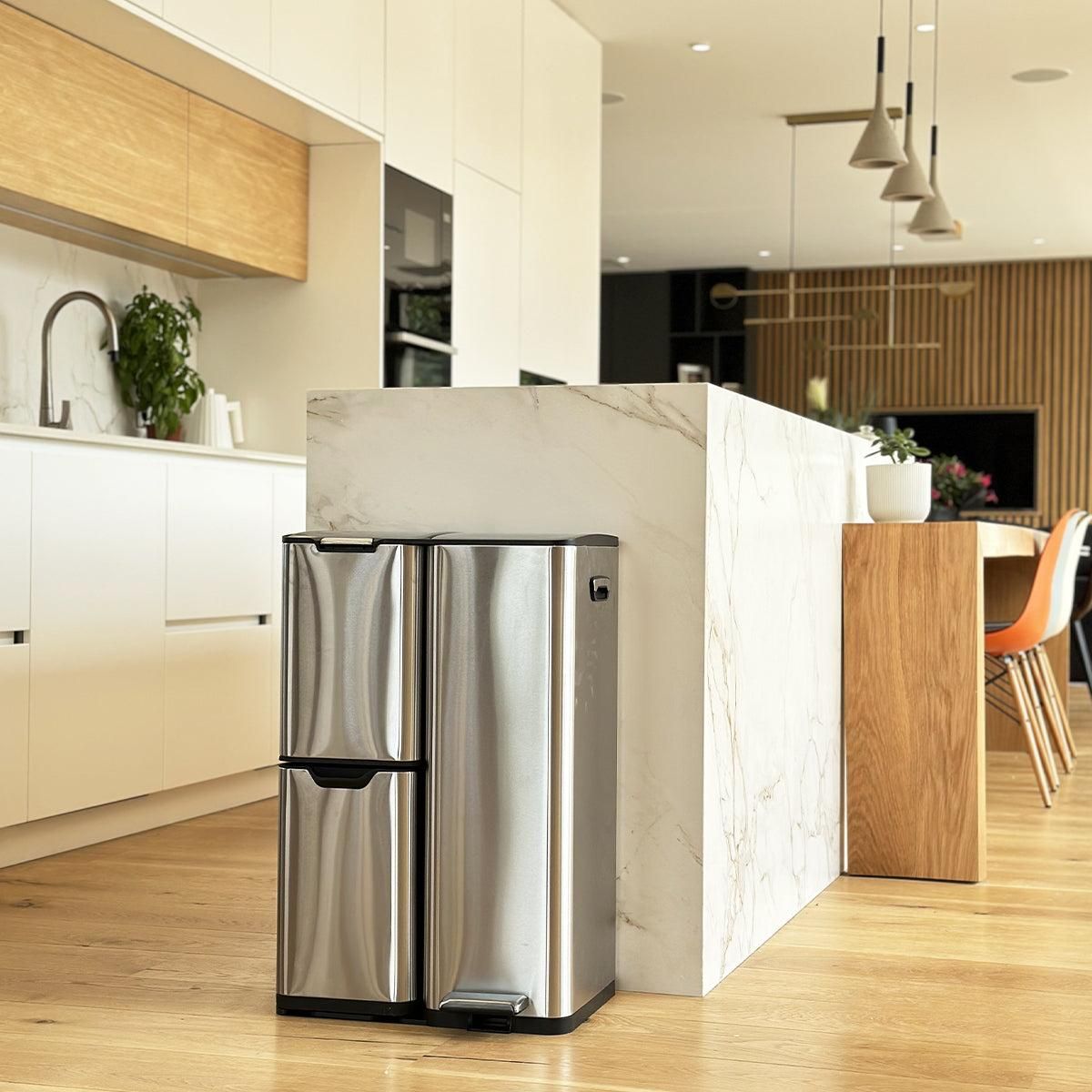 Kitchen move Poubelle de cuisine tri sélectif HAJA Argent Acier inoxydable 60L