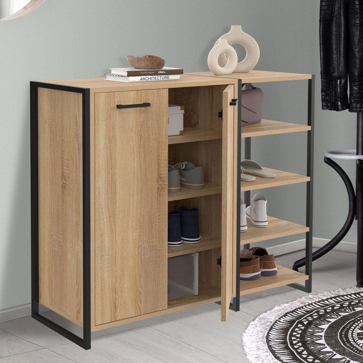 ID MARKET Armoire à chaussures 12 paires LUIS 2 portes avec étagère design industriel