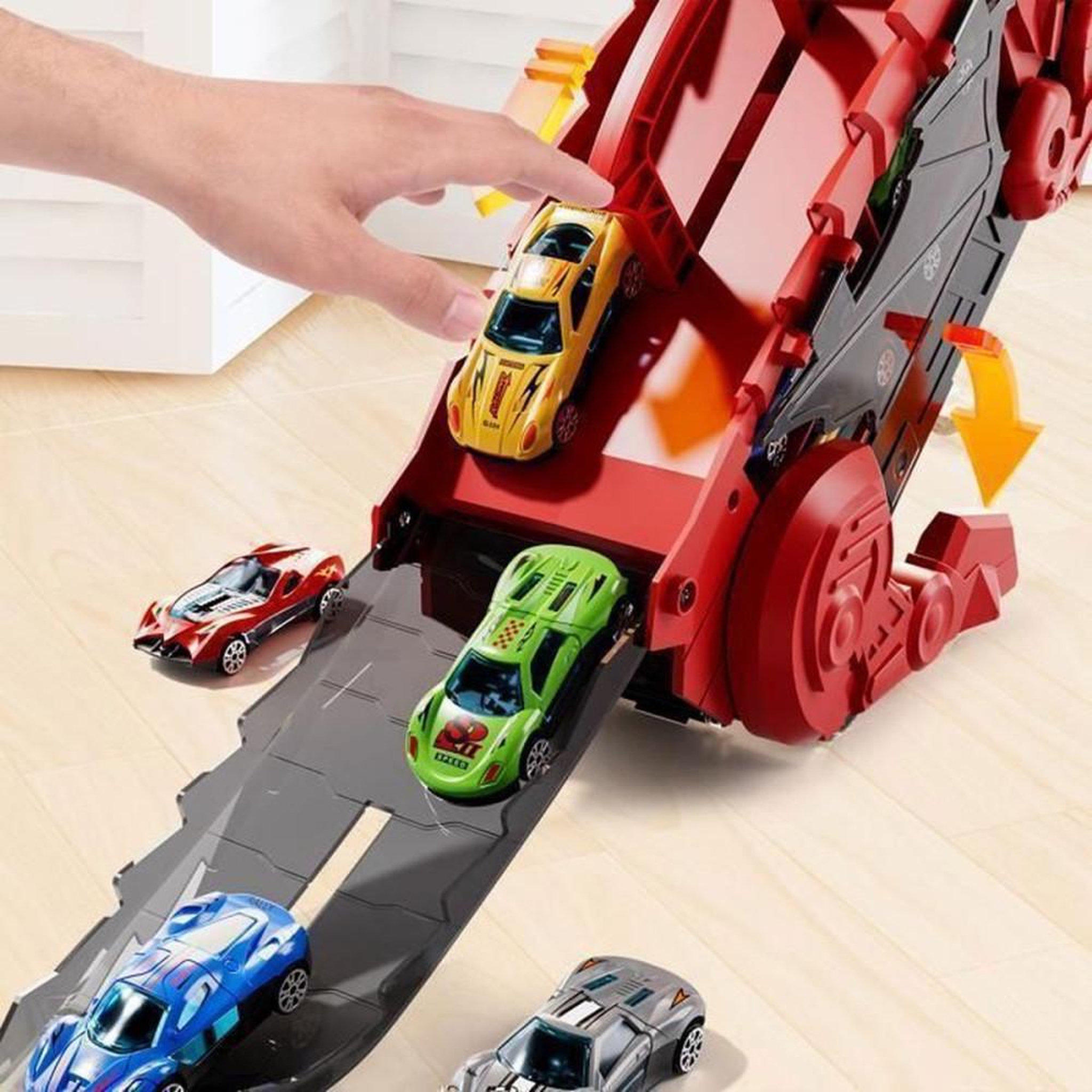 Voir la diapositive 3 : Porte-voitures dinosaure pliable, garage à 2 niveaux rouge et 10 voitures moulées sous pression