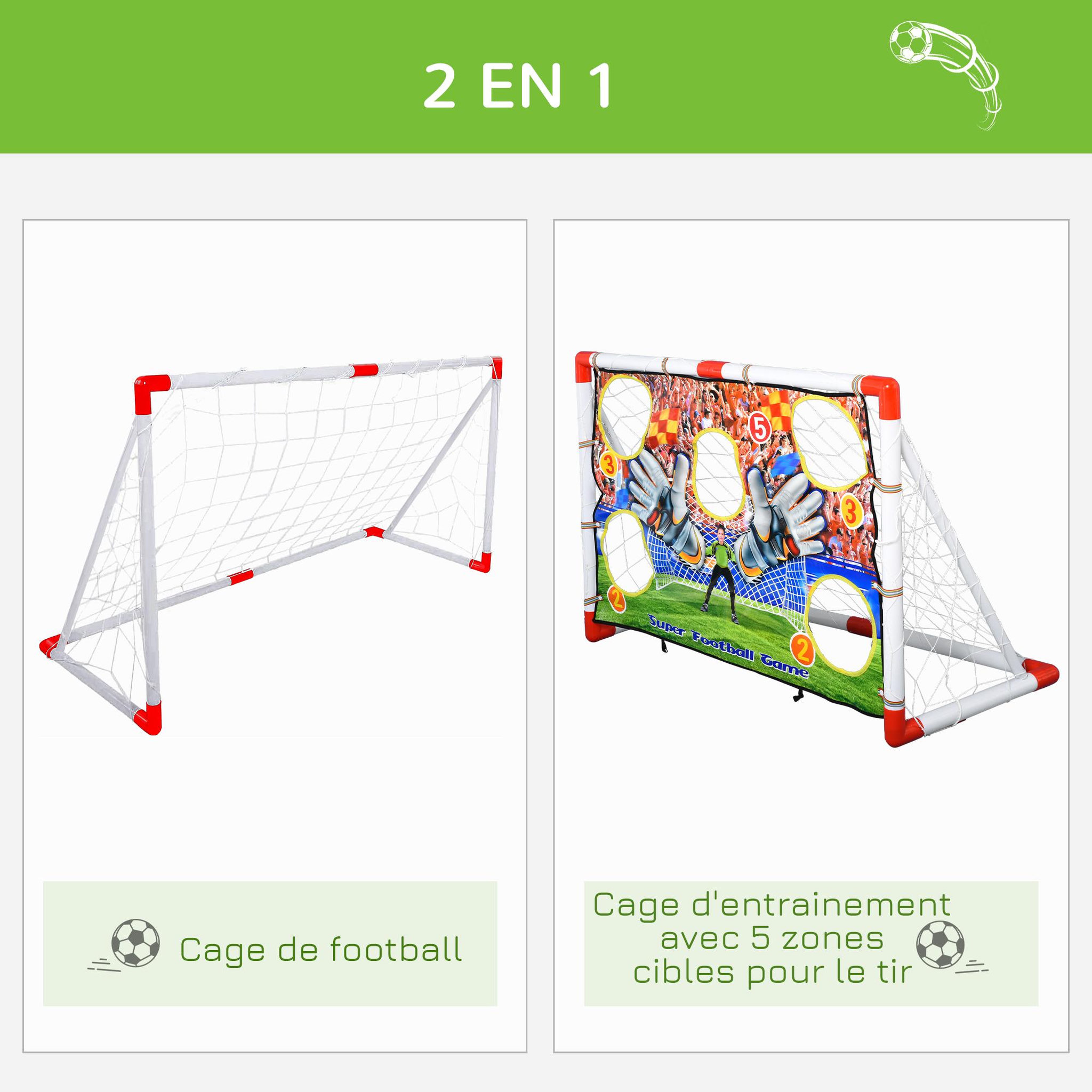 Voir la diapositive 4 : HOMCOM Cage de foot but d'entrainement 2 en 1 but de football futsal mur de tir amovible avec 5 cibles dim. 116L x 48l x 76H cm balle et gonfleur inclus