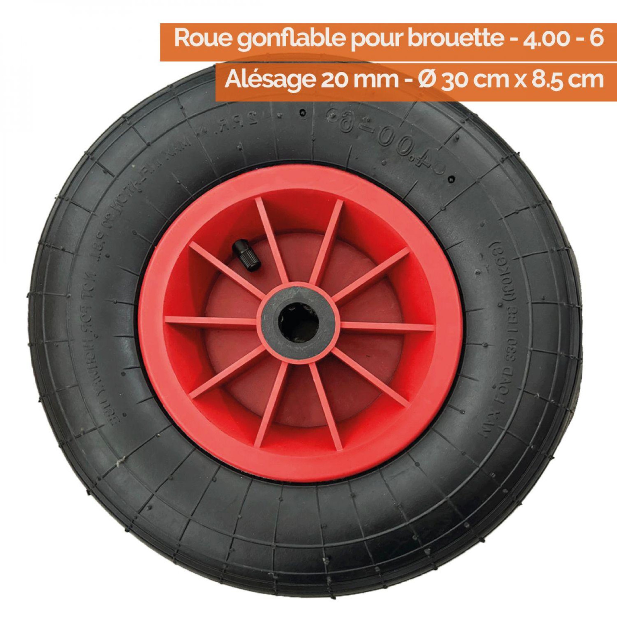 Voir la diapositive 2 : LINXOR Roue gonflable pour brouette - 30 x 8.5 cm - Axe 20 mm