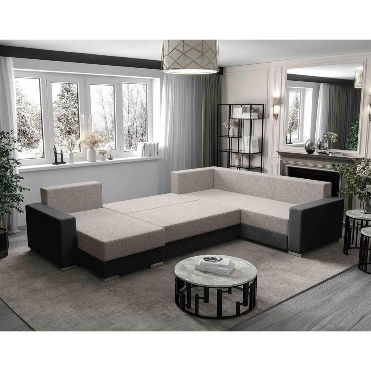 BEST MOBILIER Leslie - canapé panoramique d'angle réversible 7 places convertible avec coffre en tissu