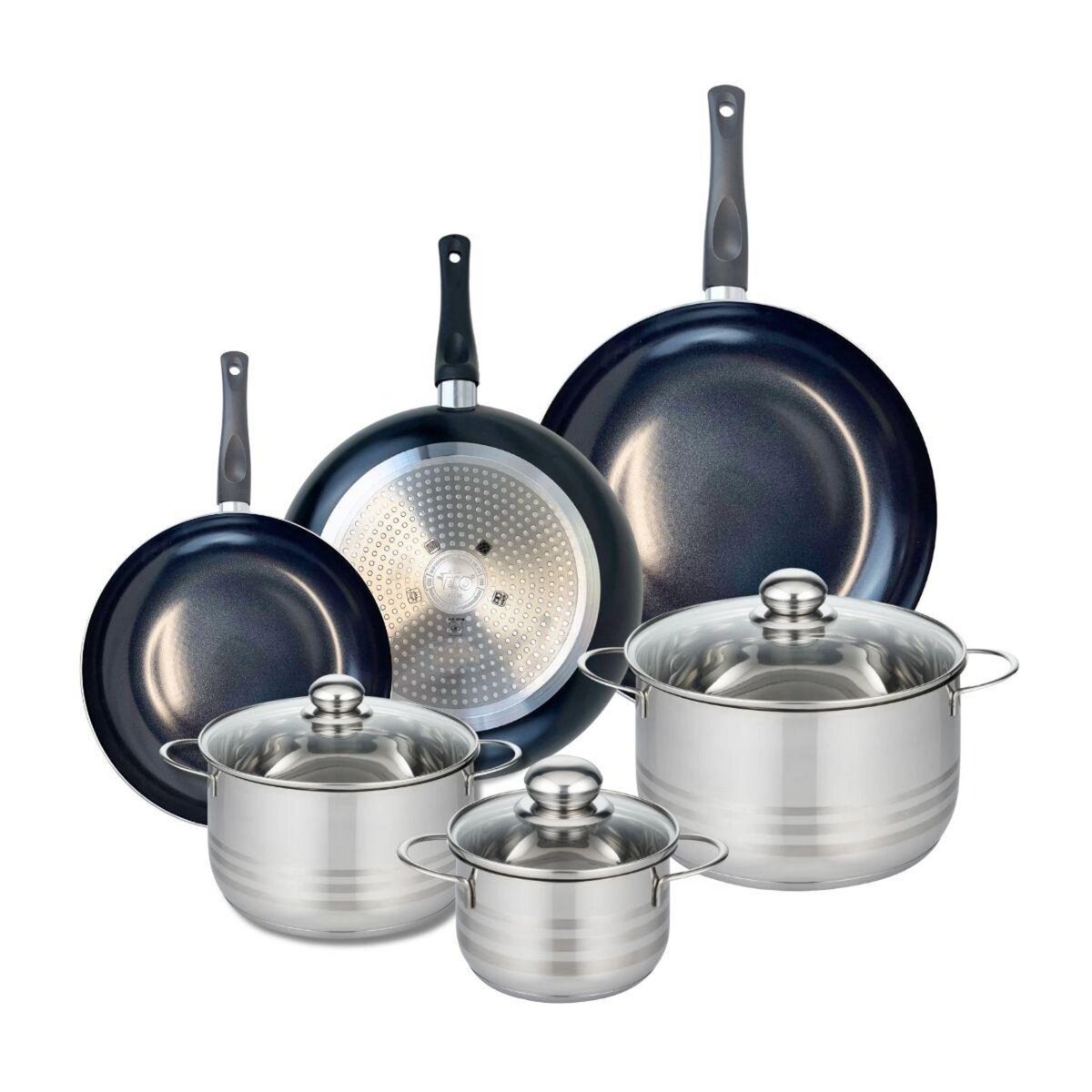 ELO Ensemble de 3 Poêles de cuisson 24, 28 et 32 cm et 3 faitouts 16, 20 et 24 cm Elo Prima Brillant