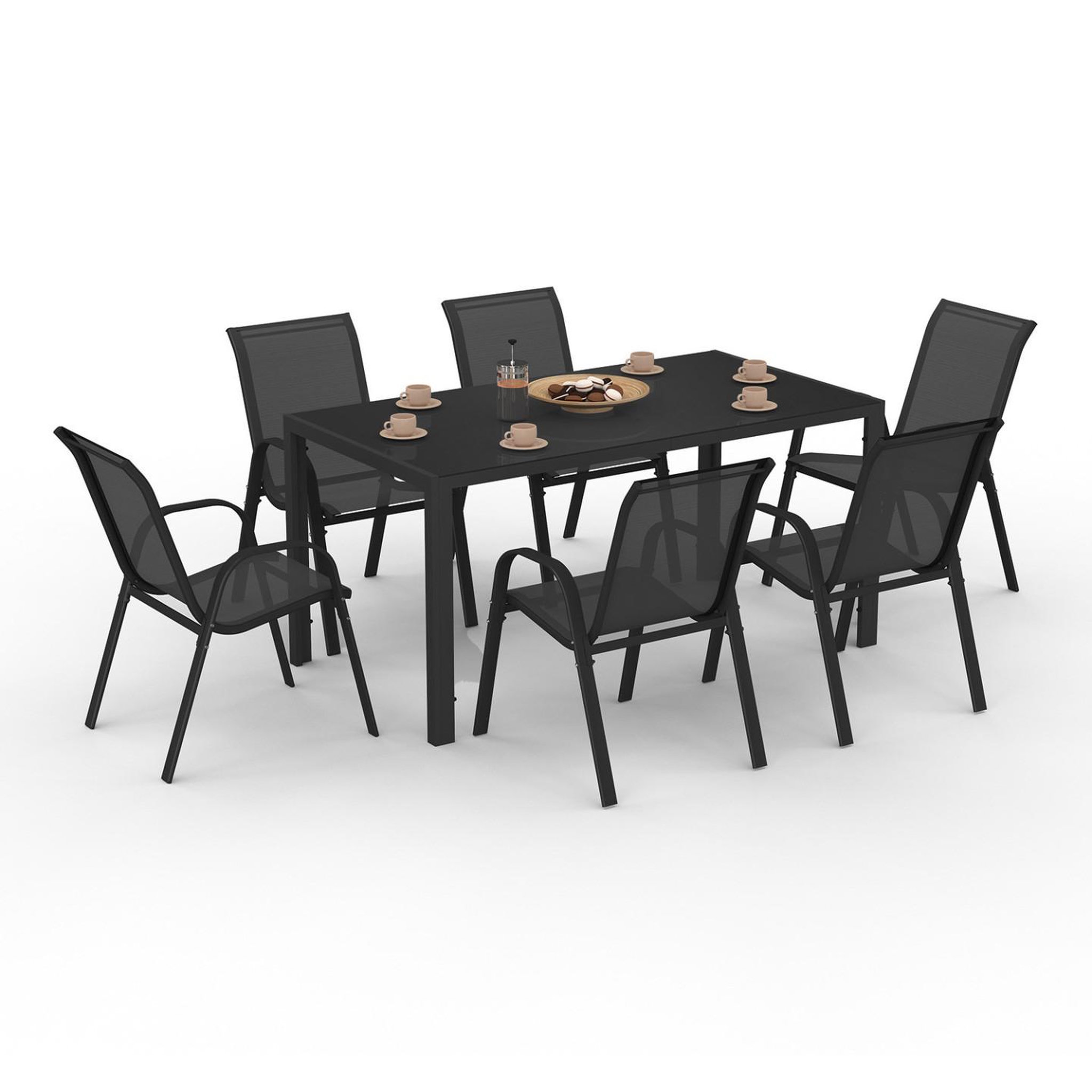 ID MARKET Salon de jardin madrid table 150 cm et 6 chaises empilables noir