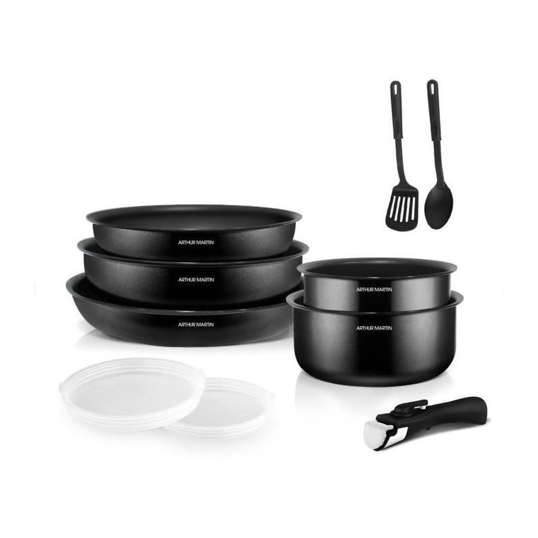 Voir la diapositive 2 : Arthur Martin Batterie de cuisine 10 pieces Arthur Martin - Aluminium - Tous feux sauf induction - Noir