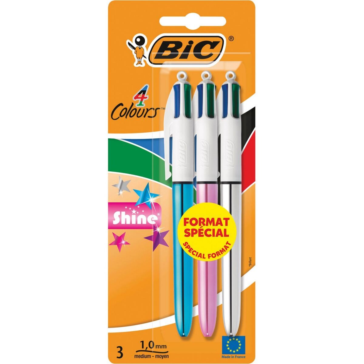 BIC Lot de 3 stylos bille 4 couleurs rétractables pointe moyenne Shine 1 argent/1 rose/1 bleu