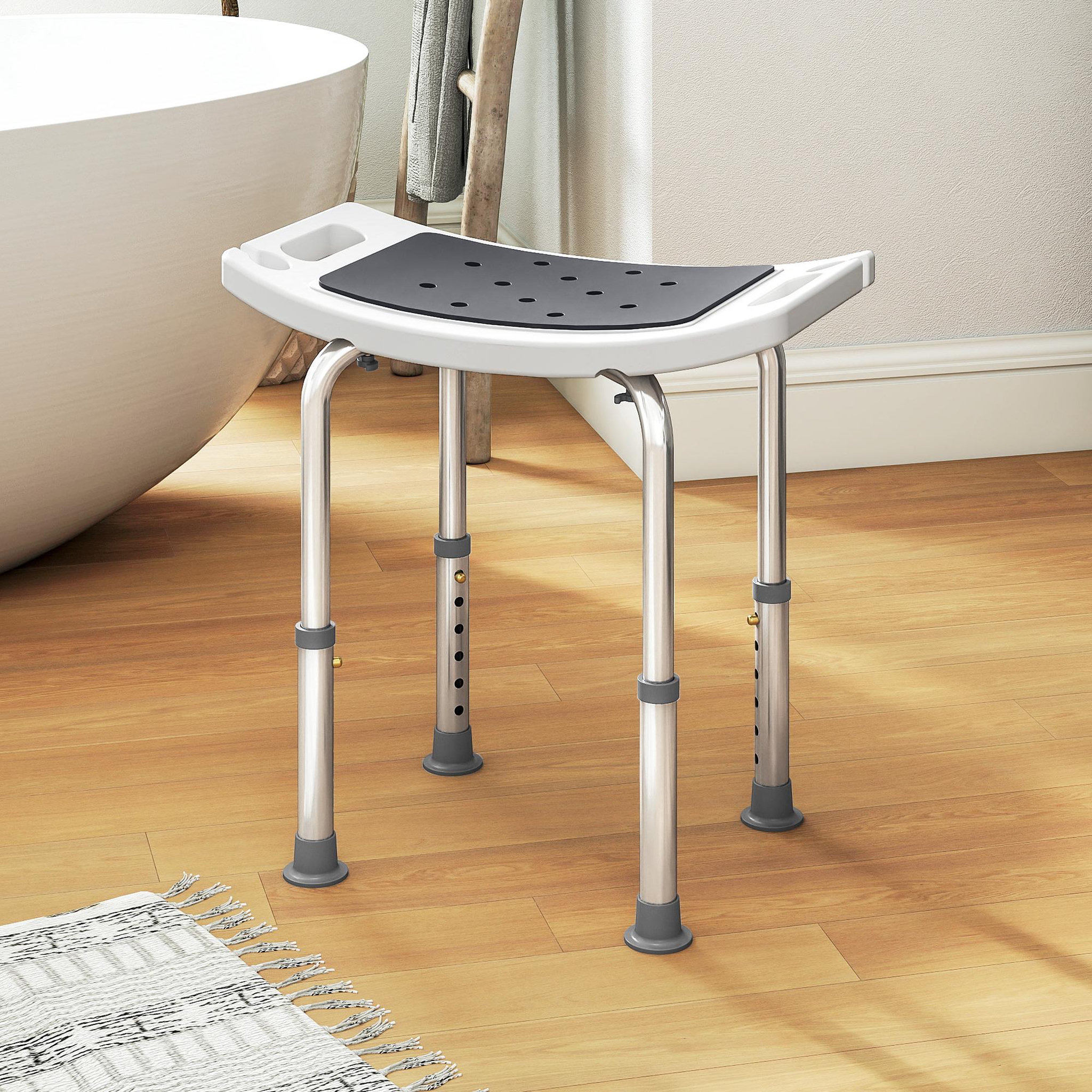 Voir la diapositive 4 : HOMCOM Siège de douche réglable en hauteur tabouret de douche ergonomique pieds antidérapants charge max. 135 kg alu hdpe blanc gris