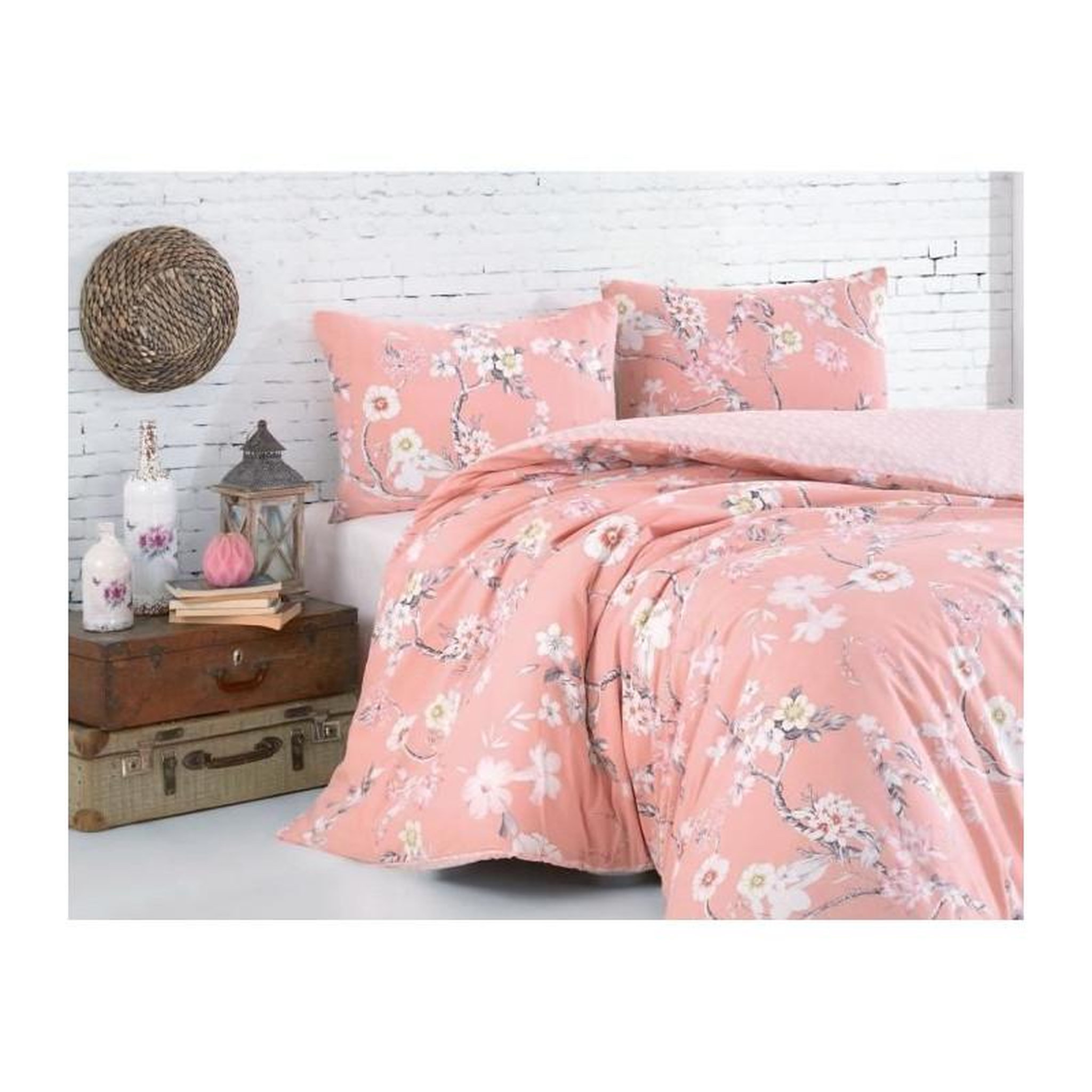 Voir la diapositive 2 : GENERIQUE Parure de lit - 1 housse de couette 220 x 240 cm + 2 taies d'oreiller 60 x 60 cm - 100% coton renforcé - Poudre
