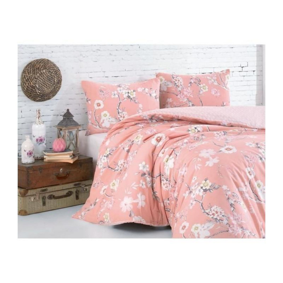 GENERIQUE Parure de lit - 1 housse de couette 220 x 240 cm + 2 taies d'oreiller 60 x 60 cm - 100% coton renforcé - Poudre