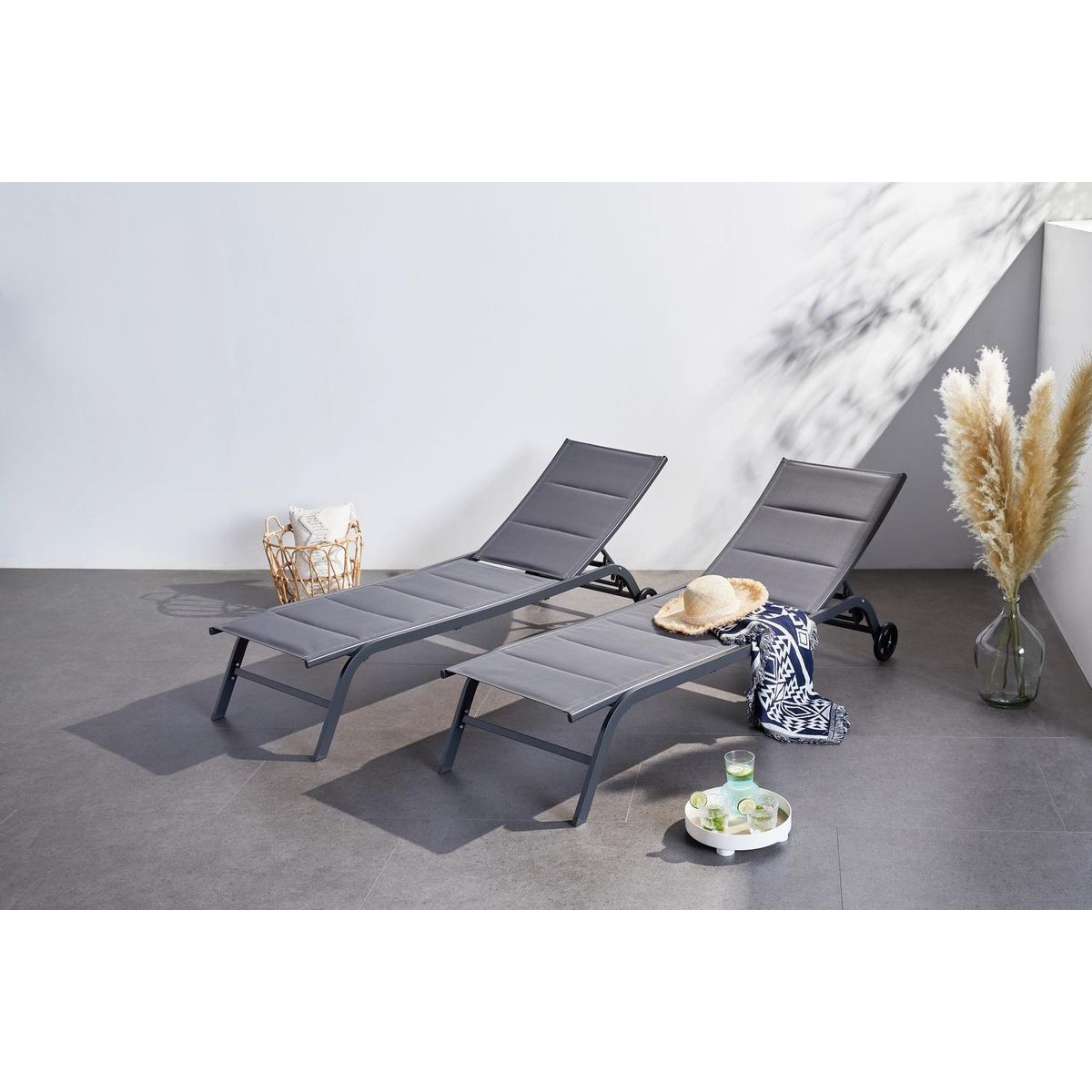 CONCEPT USINE Lot de 2 transats aluminium gris foncé LISBOA