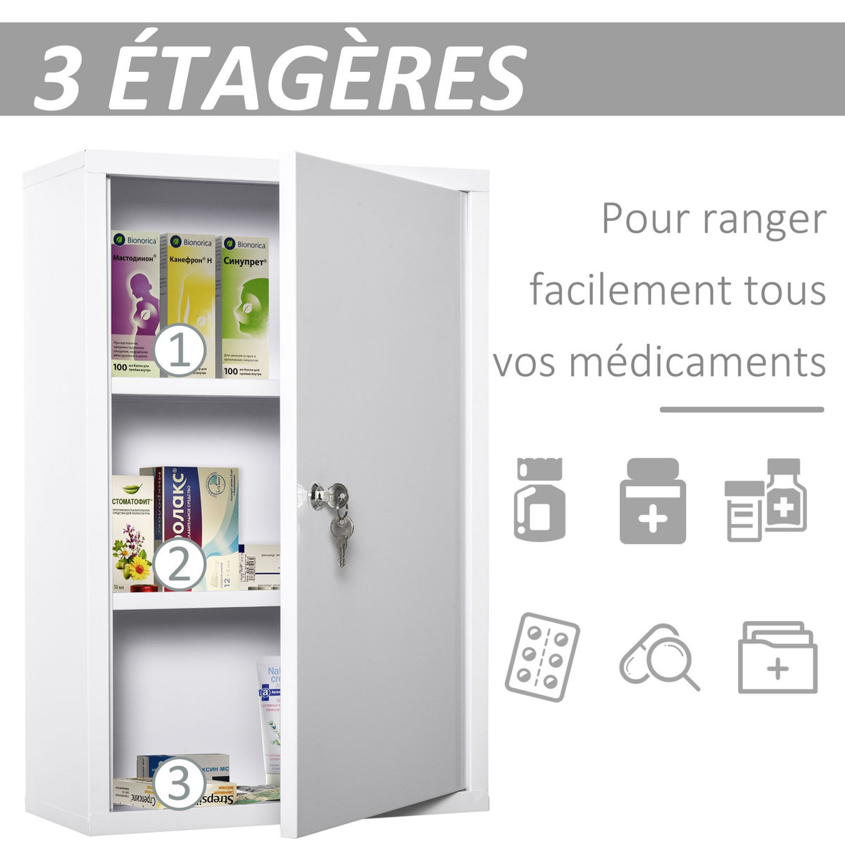 KLEANKIN Armoire à pharmacie 2 étagères 3 niveaux verrouillable dim. 40L x 18l x 60H cm 2 clés métal blanc
