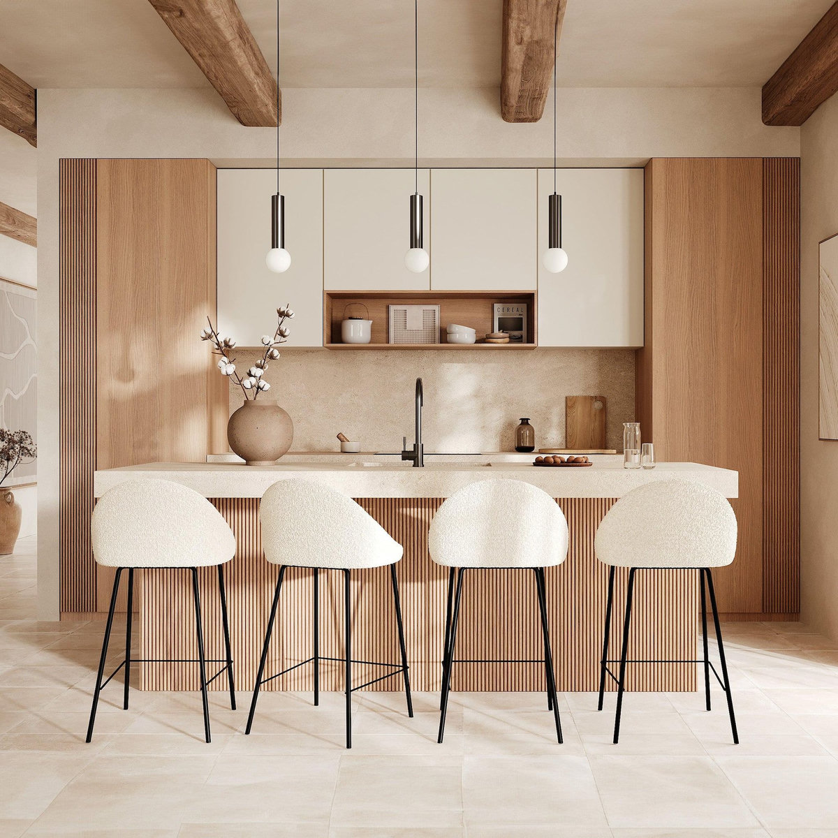 Rendez vous déco Lot de 2 chaises pour îlot central 65 cm en tissu bouclette blanc - Misty