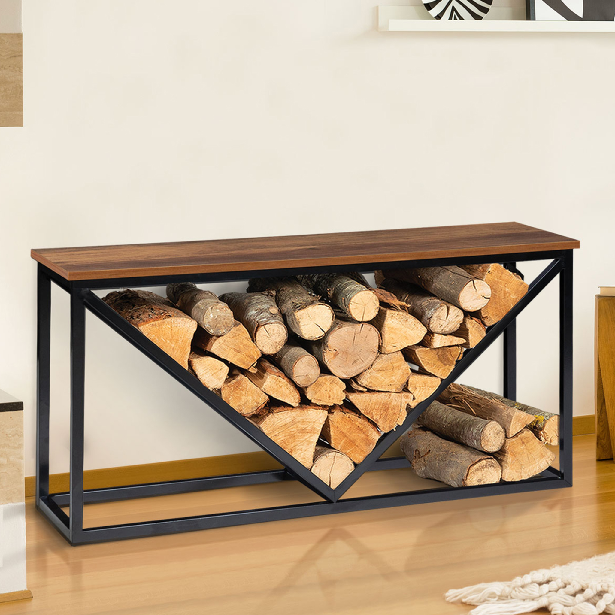 Voir la diapositive 2 : ID MARKET Range bûches horizontal hawkins acier noir plateau bois foncé pour cheminée
