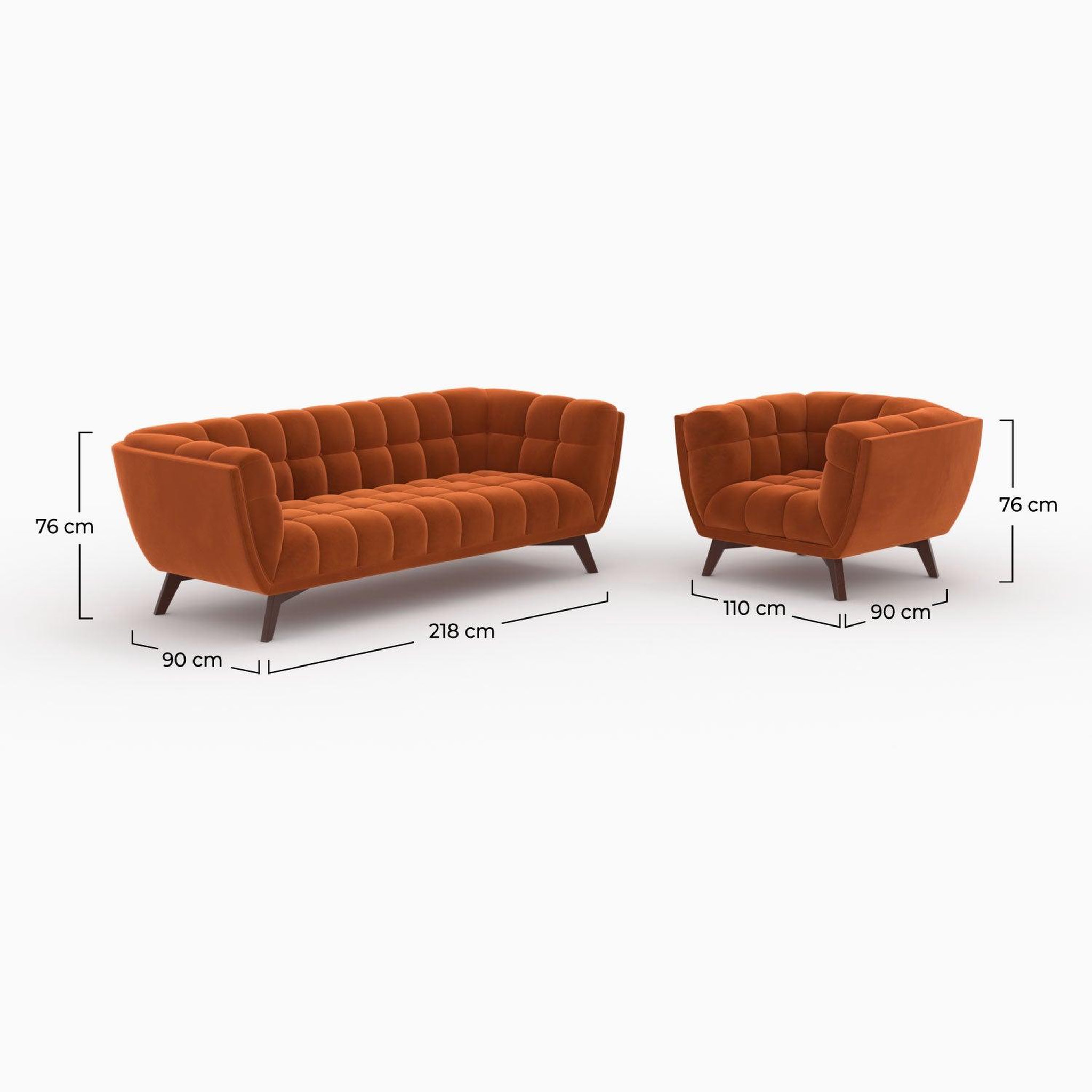 Voir la diapositive 4 : MAISON PAVANE Ensemble canapé et fauteuil en velours orange 4 places-mona