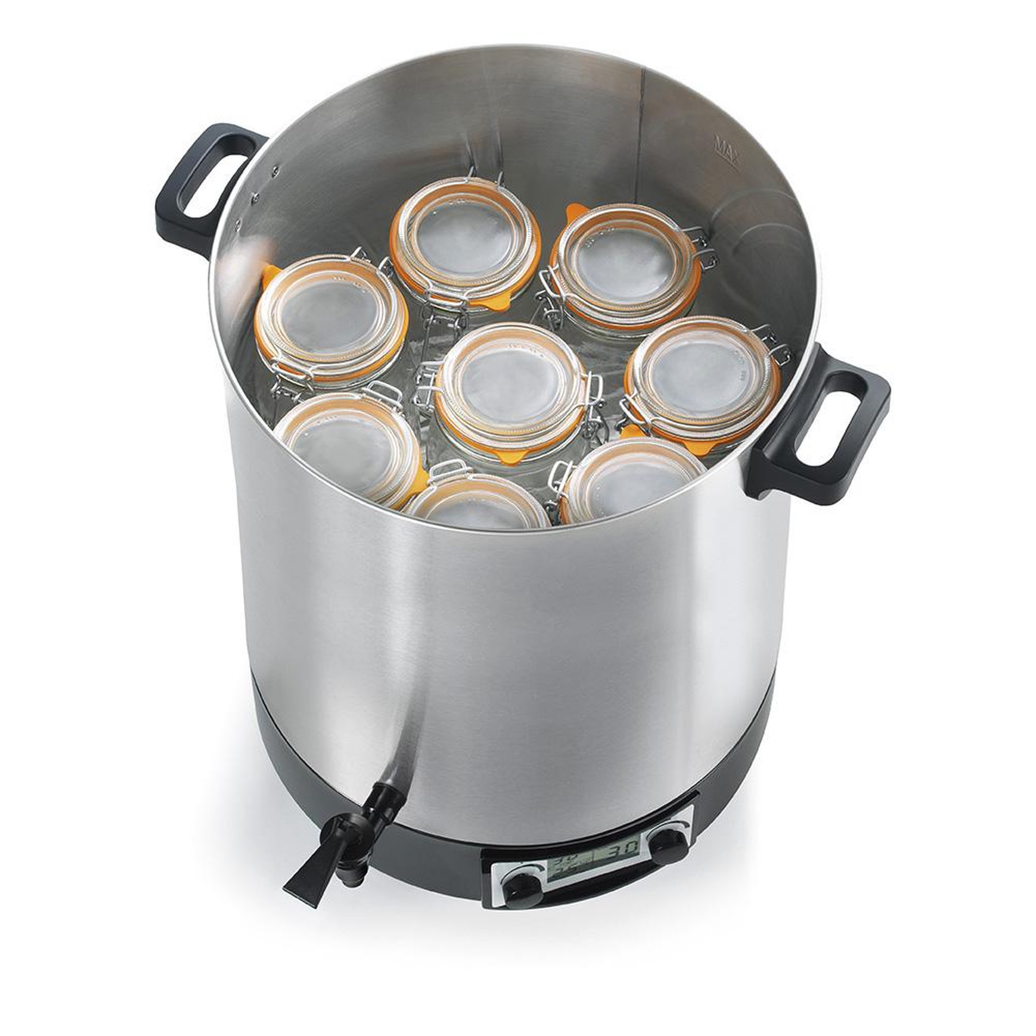 Voir la diapositive 2 : Robby Stérilisateur de bocaux électrique cuve inox avec ecran lcd, robinet et minuteur 45l 2500w - steri pro inox 45l lcd