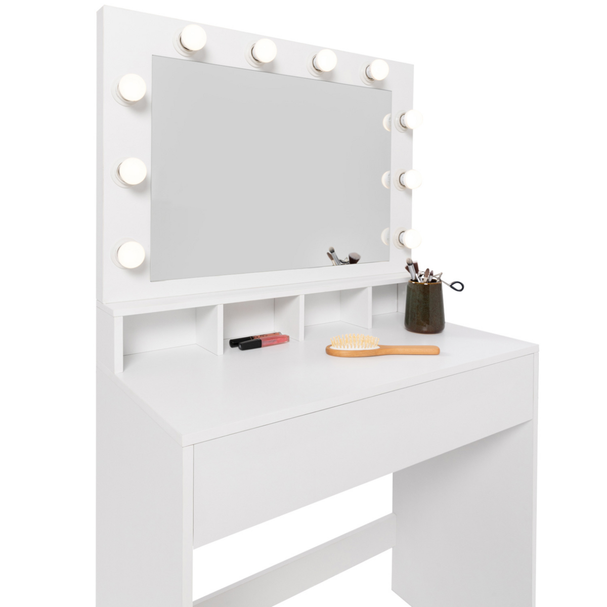 ID MARKET Coiffeuse ZELIA miroir LED avec 4 niches, 1 tiroir et tabouret