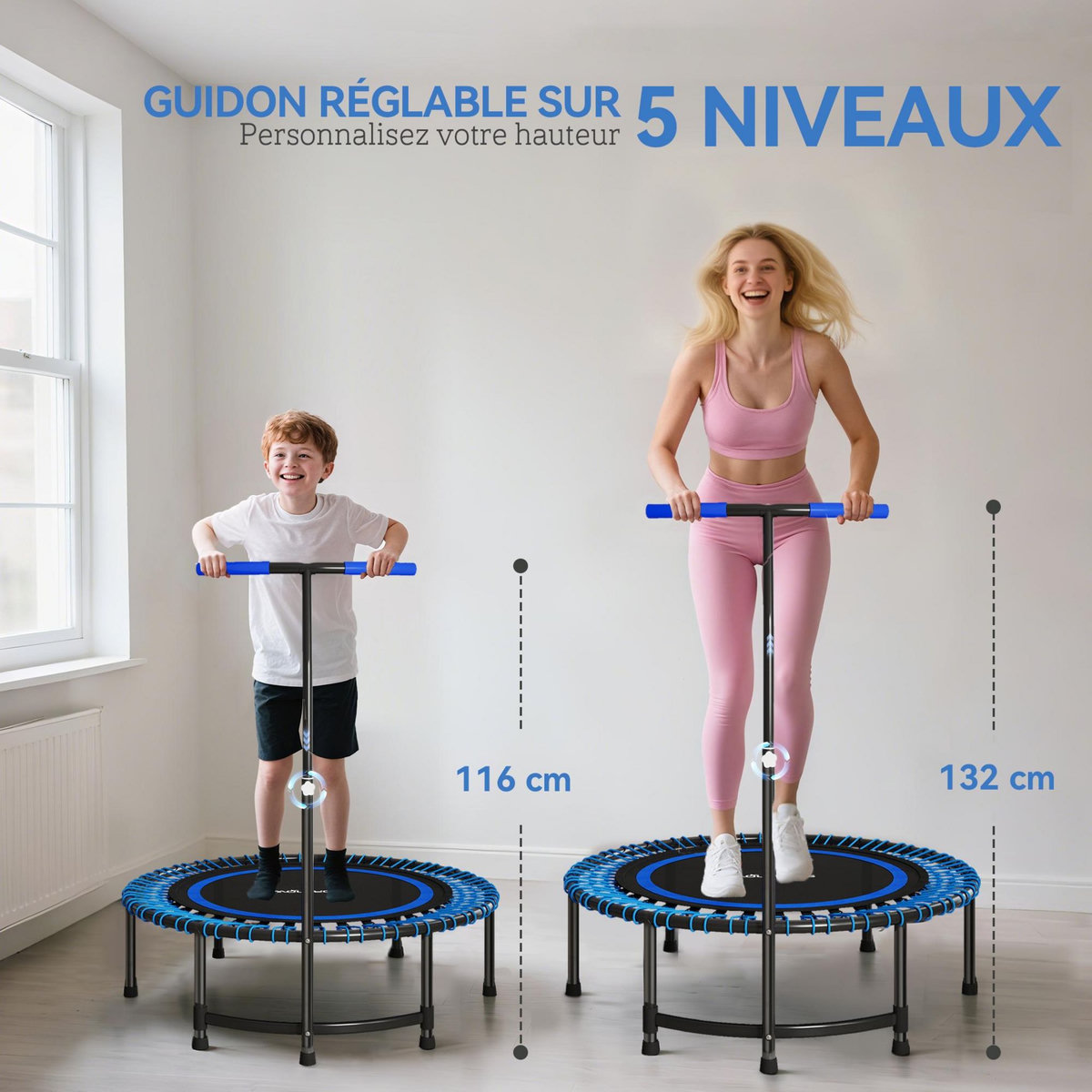 HOMCOM Trampoline Fitness 114cm guidon réglable 5 positions charge max. 150Kg acier PP noir bleu