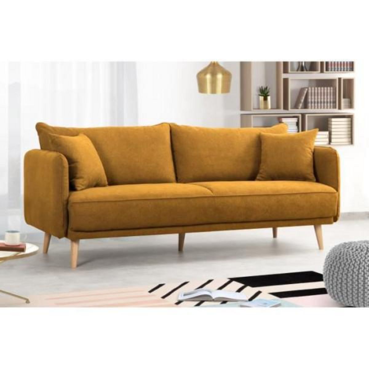 MARKET24 Canapé fixe 3 places DAREN - Tissu moutarde - L 207 x P 90 x H 88 cm - Fabriqué en France - HEXAGONE