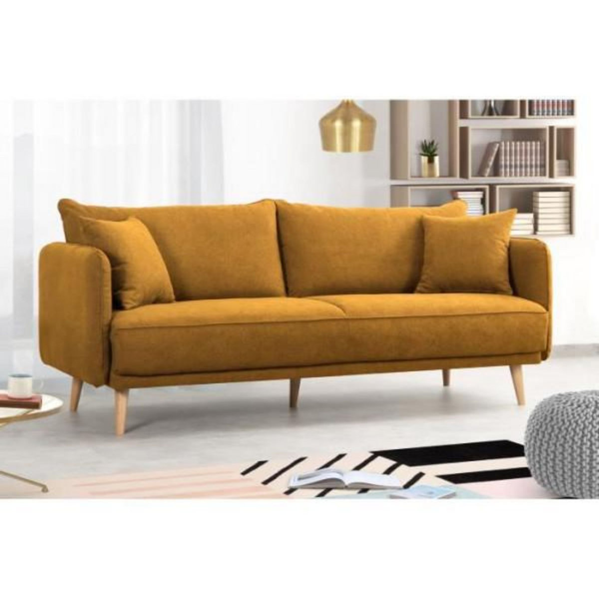 MARKET24 Canapé fixe 3 places DAREN - Tissu moutarde - L 207 x P 90 x H 88 cm - Fabriqué en France - HEXAGONE