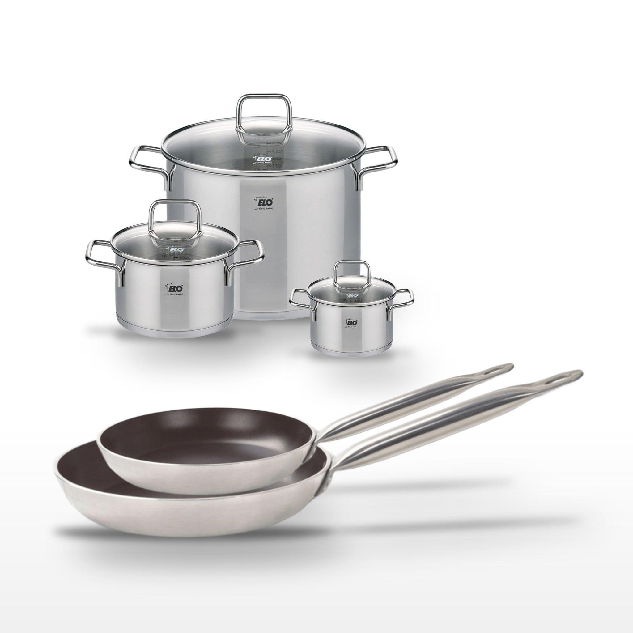 Voir la diapositive 2 : ELO Lot de 2 Poêles 28/32 cm et 3 Faitouts Elo Bistro Line