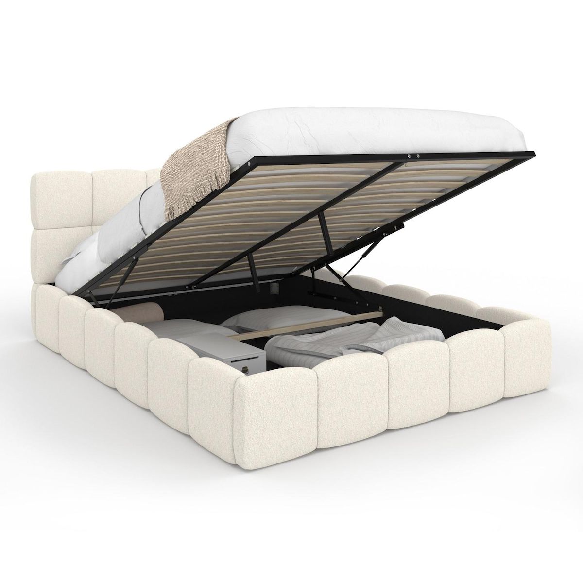 ID MARKET Lit coffre double NUAGE avec tête de lit matelassée et sommier 140 x 190 cm tissu bouclette blanc