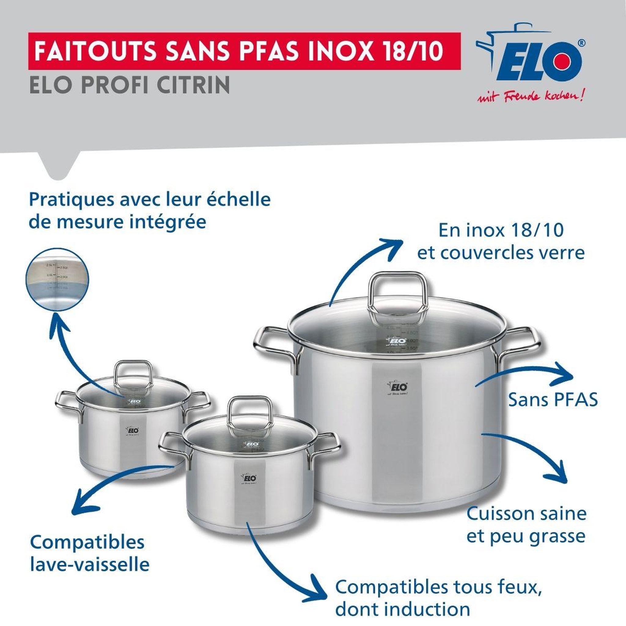 Voir la diapositive 3 : ELO Ensemble de 2 poêles de cuisson 24 et 28 cm et 3 faitouts 14, 16 et 26 cm elo profi citrin