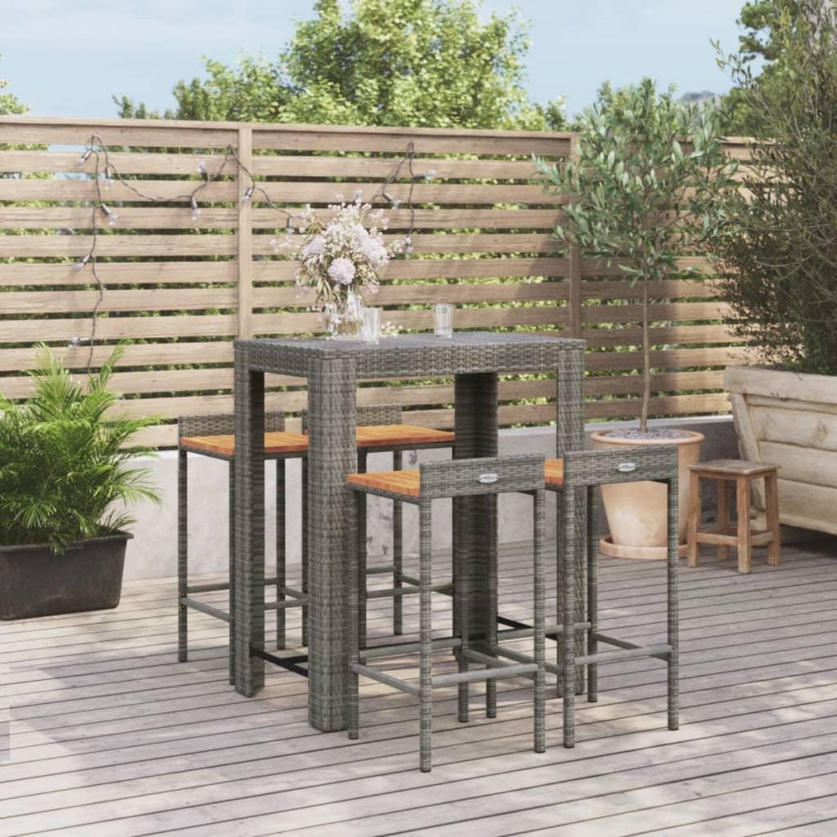 VIDAXL Ensemble de bar jardin 5 pcs gris poly rotin/bois massif acacia