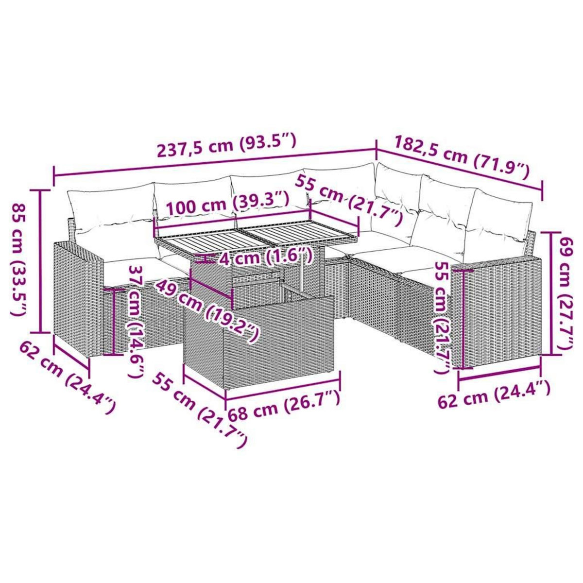 VIDAXL Salon de jardin avec coussins 7 pcs gris resine tressee
