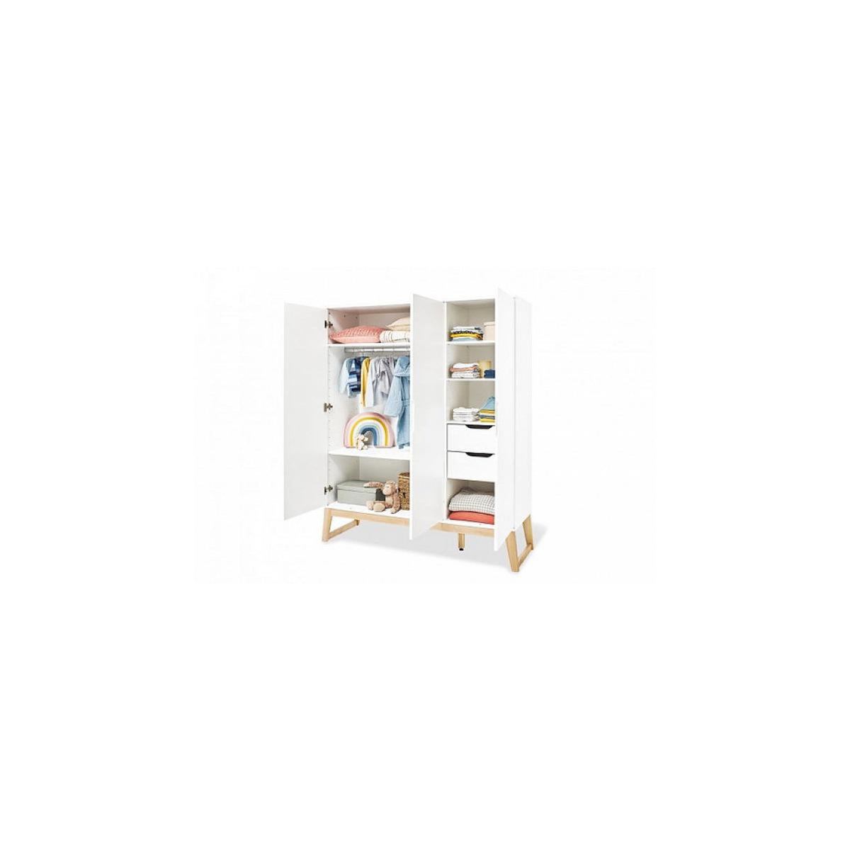 Pinolino Armoire Bridge grande Semi poli fin  MDF uni laqué blanc et massif frêne laqué clair