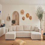 BEST MOBILIER Topaze - canapé panoramique en u - 7 places - convertible avec coffre - en velours côtelé. Coloris disponibles : Vert, Beige, Bleu, Orange, Gris