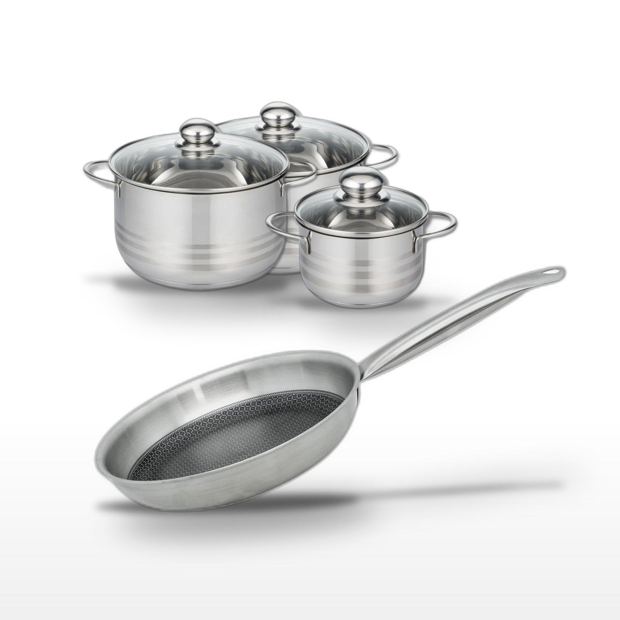ELO Batterie de cuisine avec 3 faitouts 16/20/24 cm en inox et 1 poêle de cuisson 24 cm sans pfas elo collection relief solution brillant