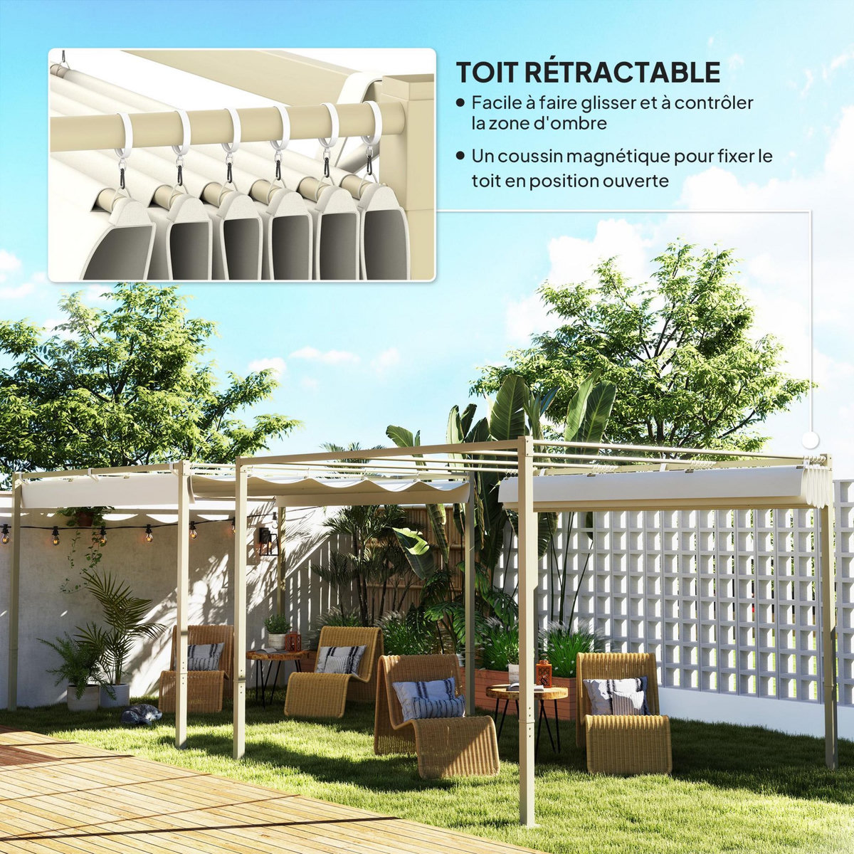 OUTSUNNY Pergola rétractable 3 x 3 m acier époxy beige polyester haute densité 180 g/m² UPF30+ kaki